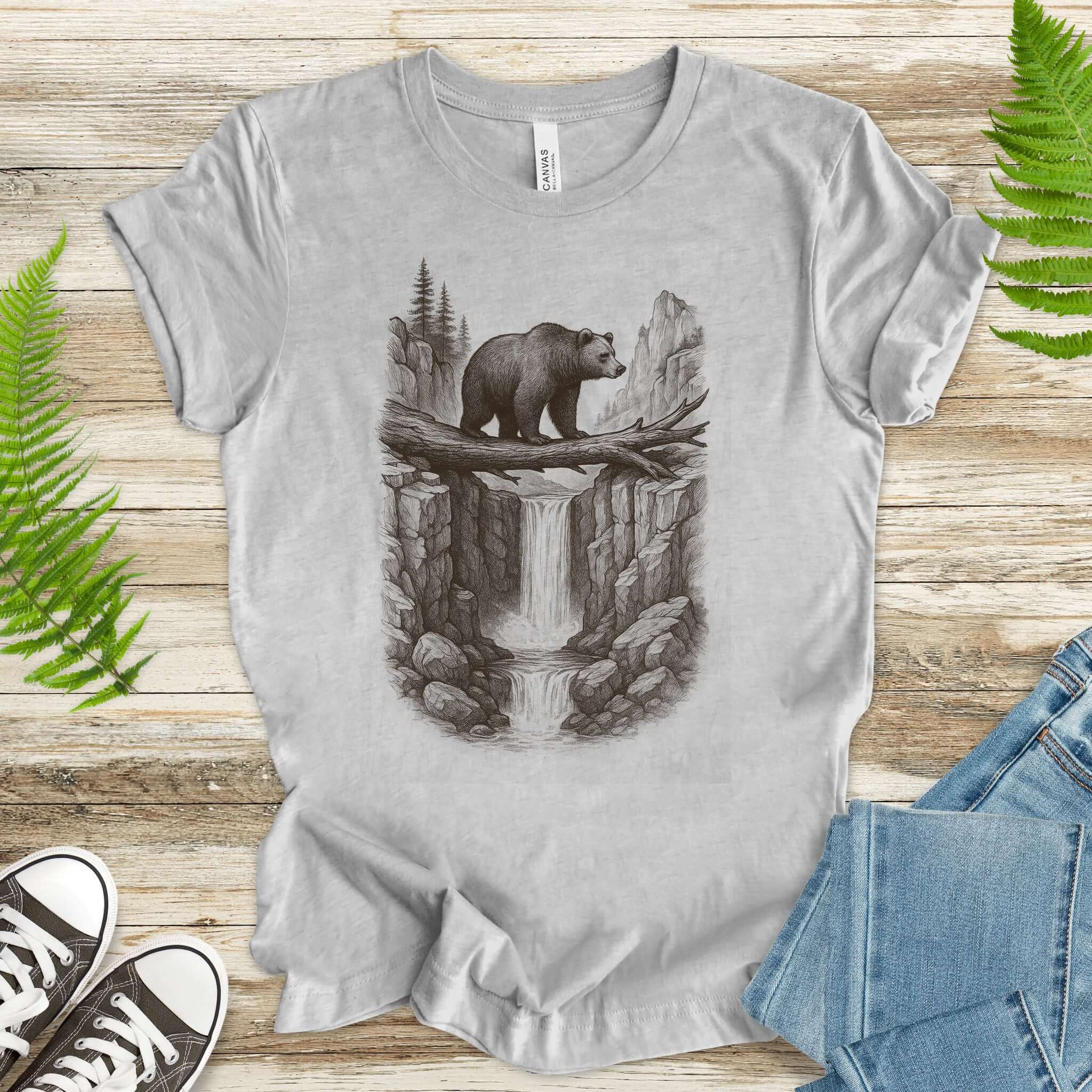 Bear Crossing Waterfall T-Shirt – Vintage Wilderness Sketch Tee