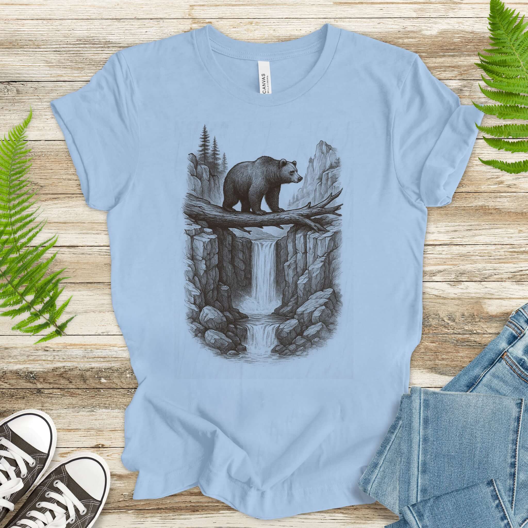 Bear Crossing Waterfall T-Shirt – Vintage Wilderness Sketch Tee