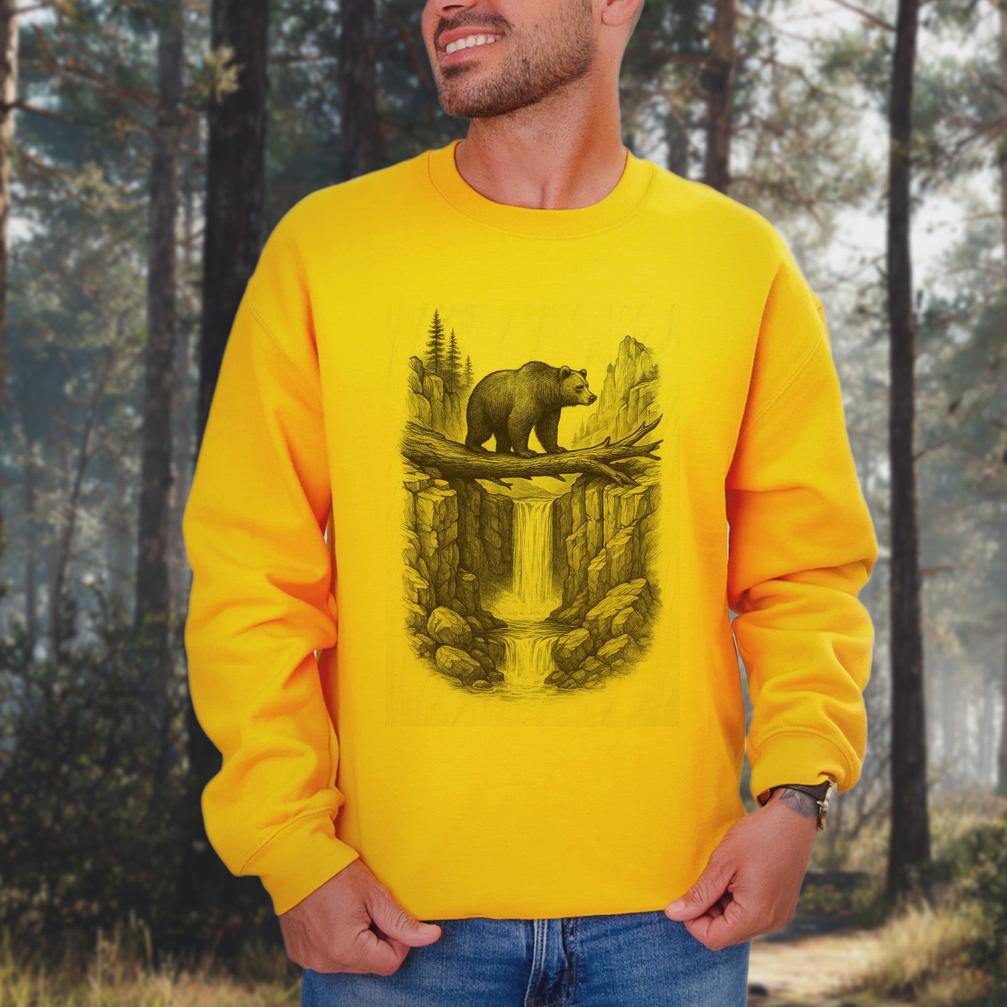 Bear Crossing Waterfall Sweatshirt – Vintage Wilderness Sketch Gift