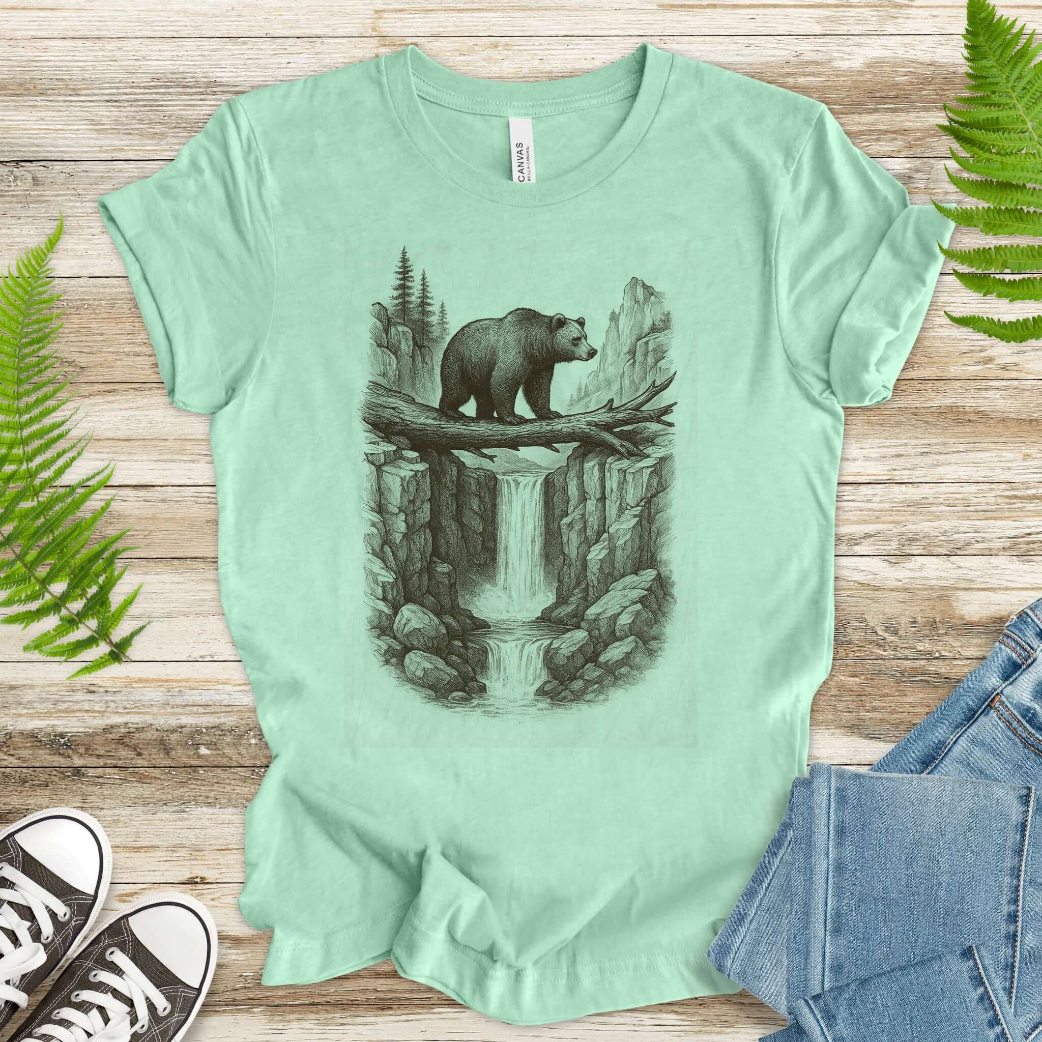 Bear Crossing Waterfall T-Shirt – Vintage Wilderness Sketch Tee
