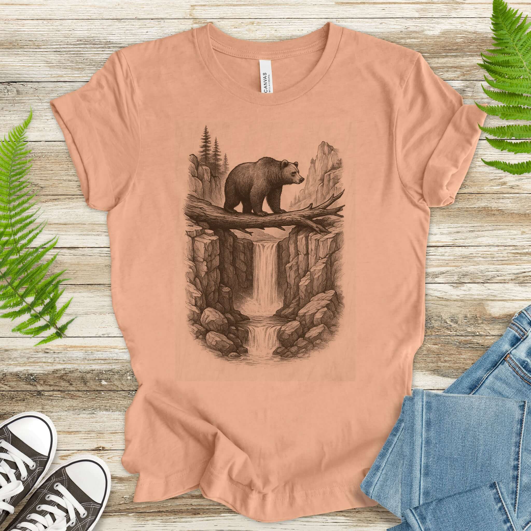Bear Crossing Waterfall T-Shirt – Vintage Wilderness Sketch Tee
