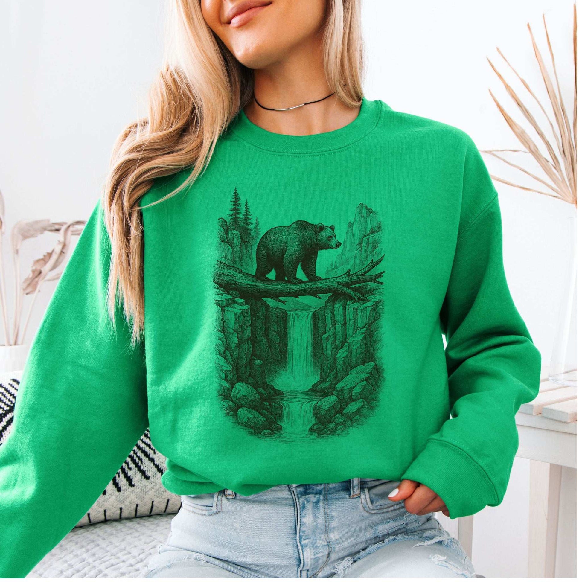 Bear Crossing Waterfall Sweatshirt – Vintage Wilderness Sketch Gift