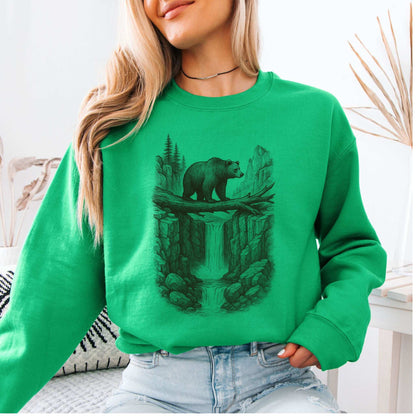 Bear Crossing Waterfall Sweatshirt – Vintage Wilderness Sketch Gift