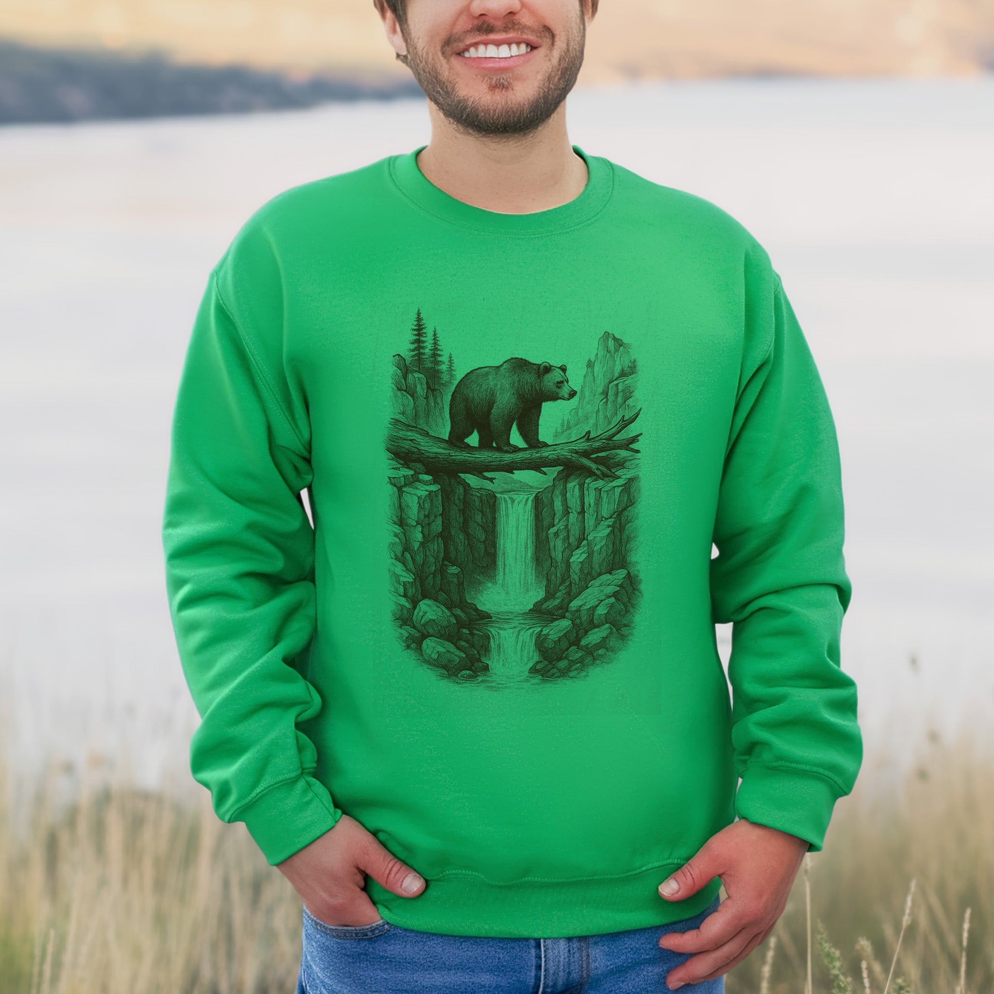 Bear Crossing Waterfall Sweatshirt – Vintage Wilderness Sketch Gift