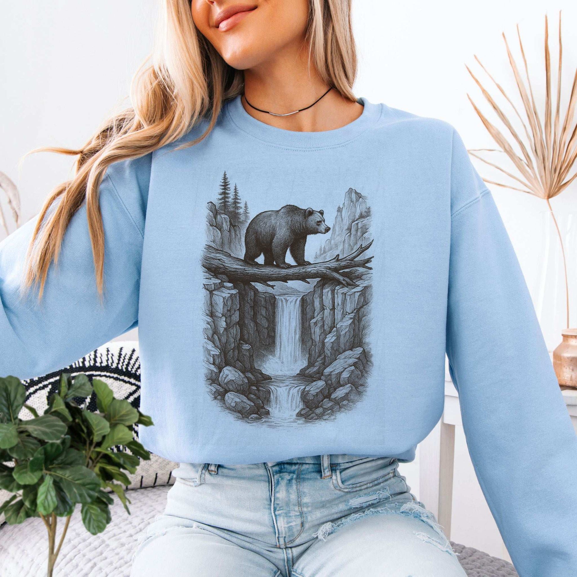Bear Crossing Waterfall Sweatshirt – Vintage Wilderness Sketch Gift