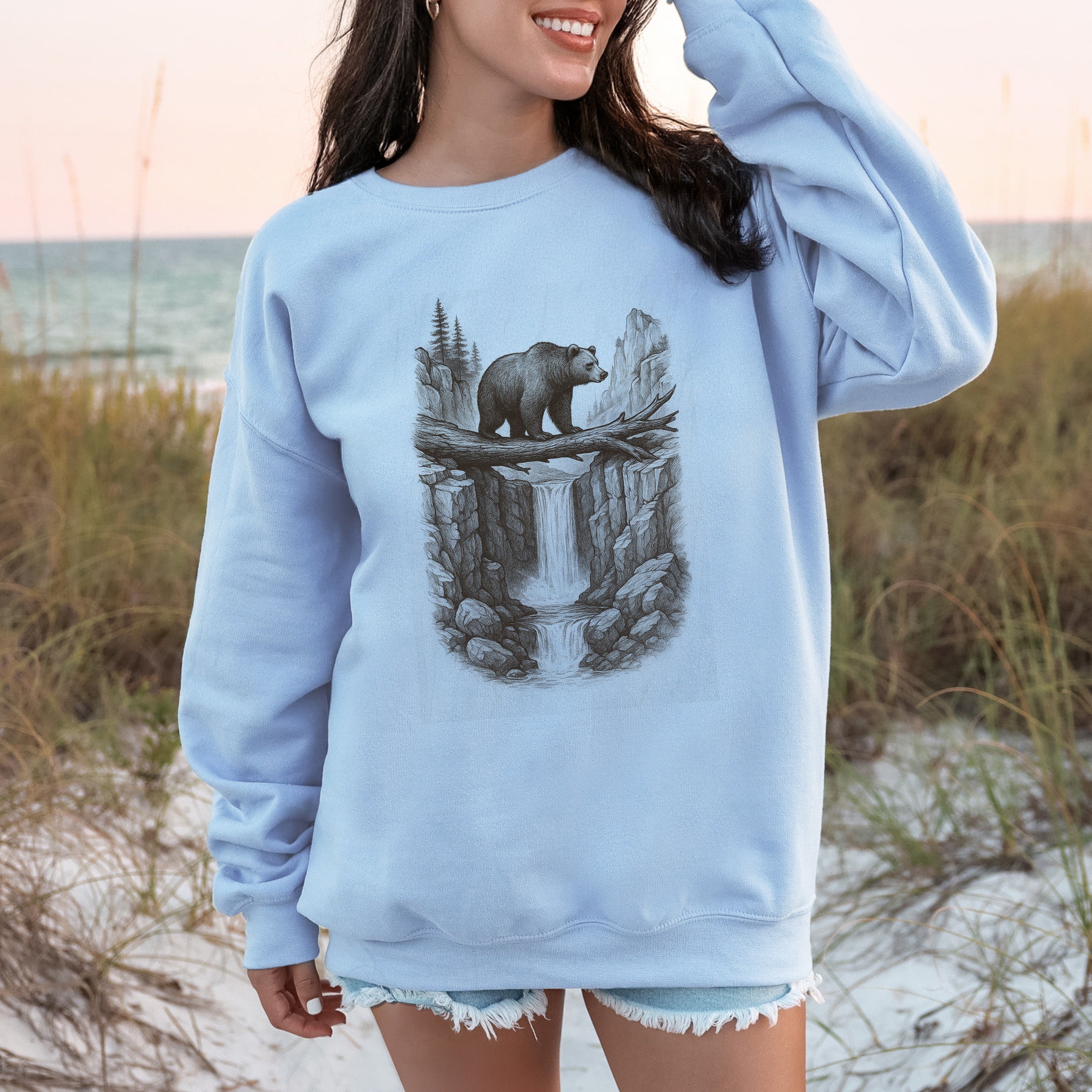 Bear Crossing Waterfall Sweatshirt – Vintage Wilderness Sketch Gift