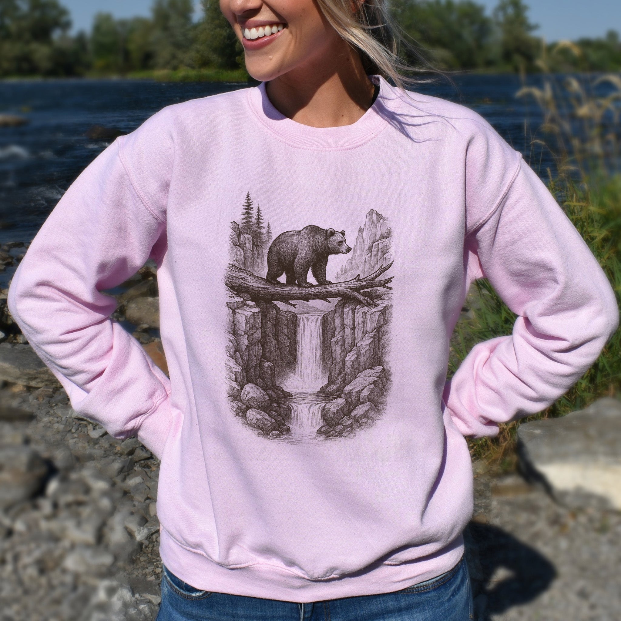 Bear Crossing Waterfall Sweatshirt – Vintage Wilderness Sketch Gift