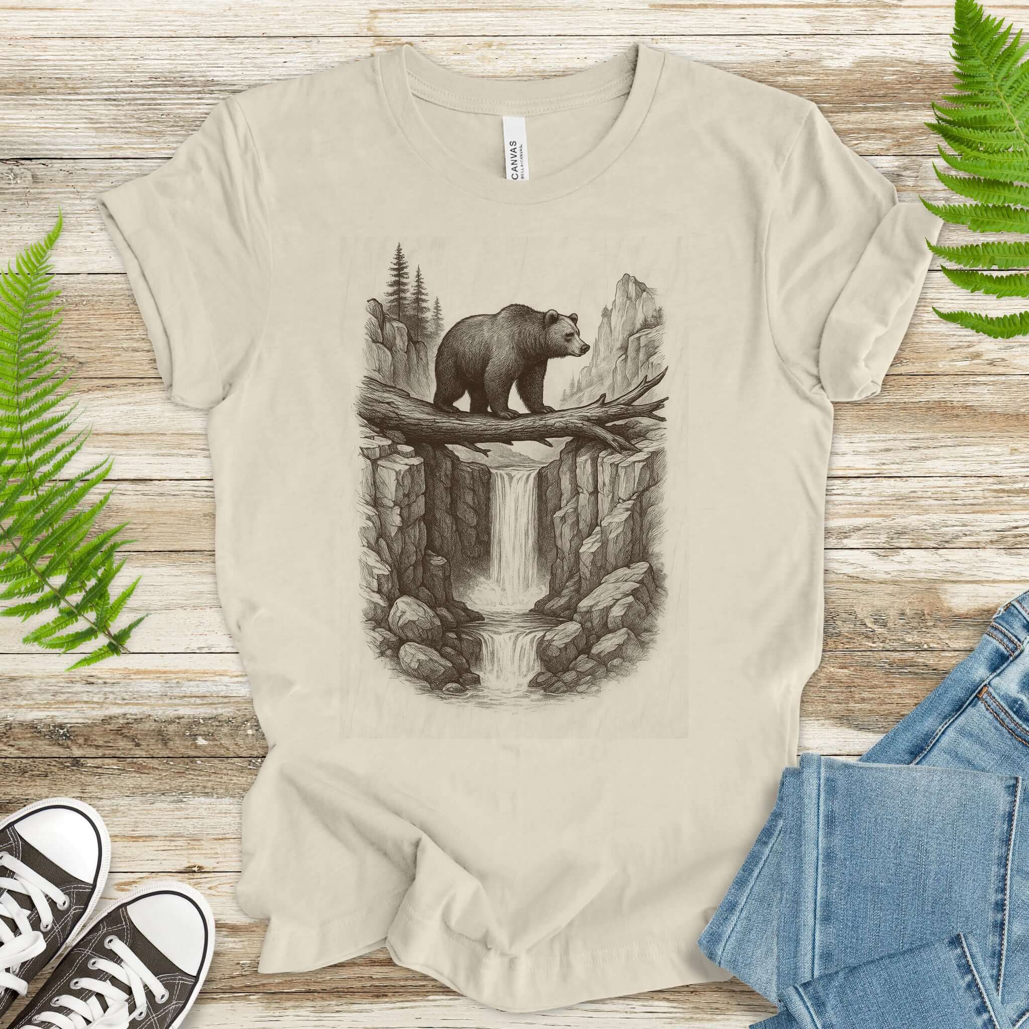 Bear Crossing Waterfall T-Shirt – Vintage Wilderness Sketch Tee
