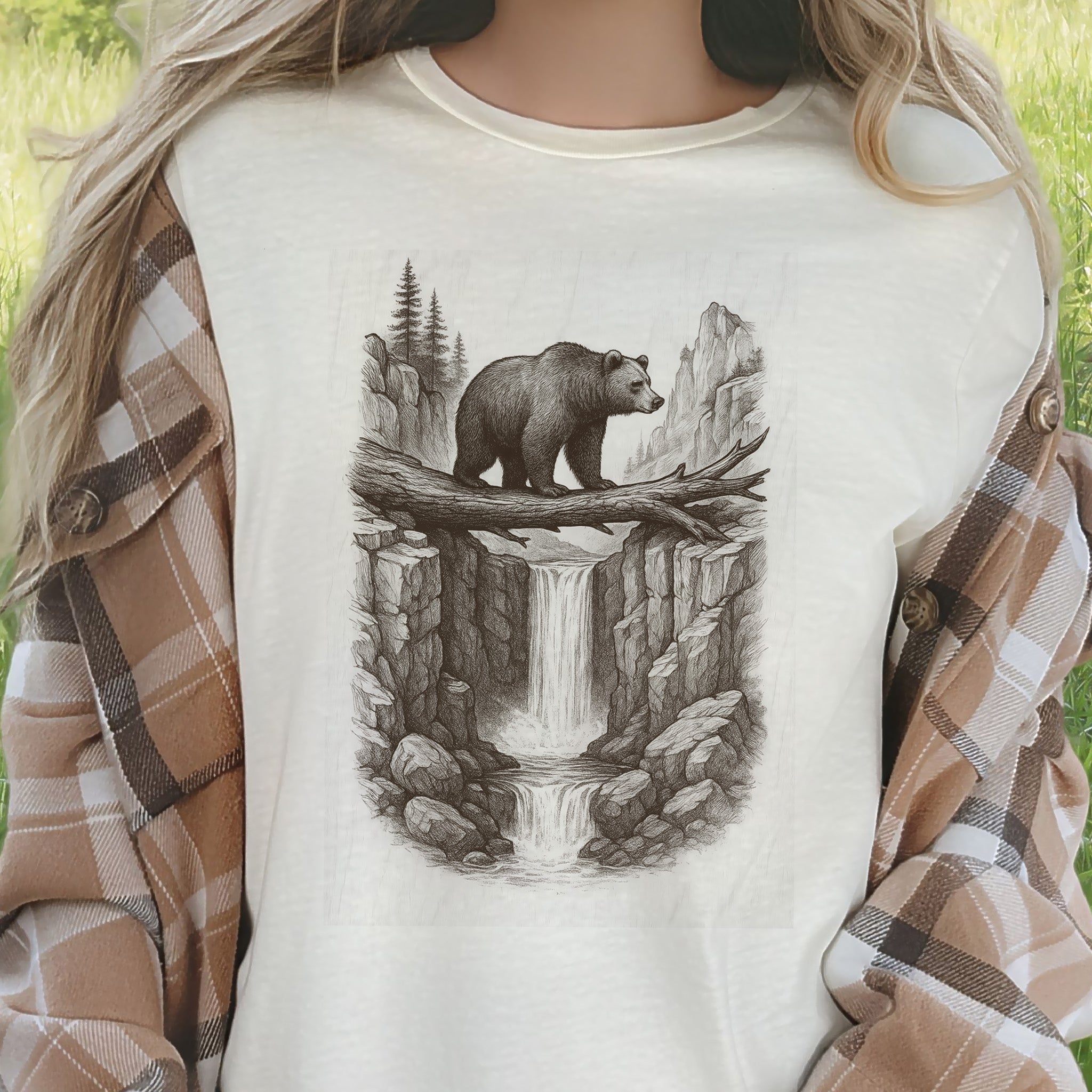 Bear Crossing Waterfall T-Shirt – Vintage Wilderness Sketch Tee