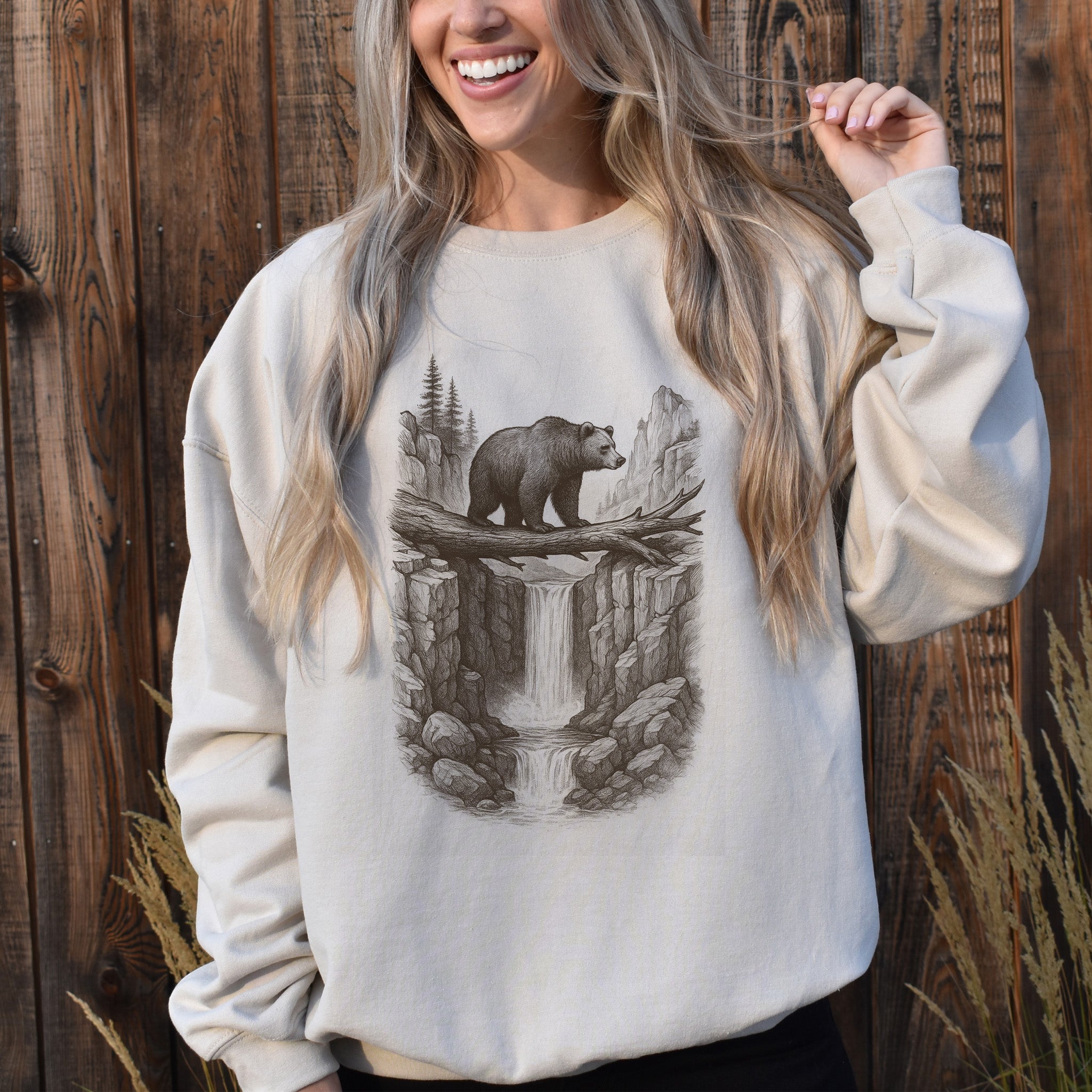Bear Crossing Waterfall Sweatshirt – Vintage Wilderness Sketch Gift