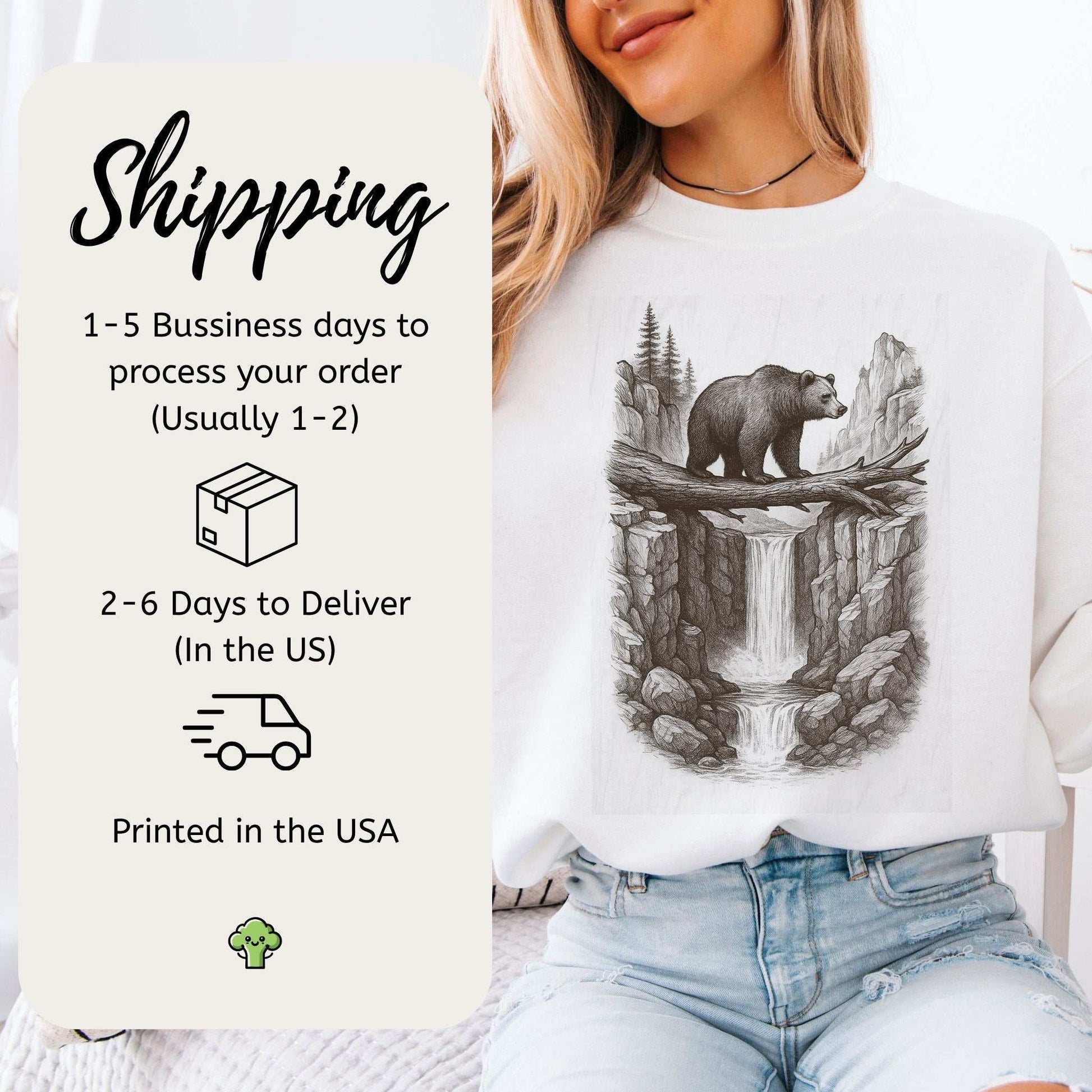 Bear Crossing Waterfall Sweatshirt – Vintage Wilderness Sketch Gift