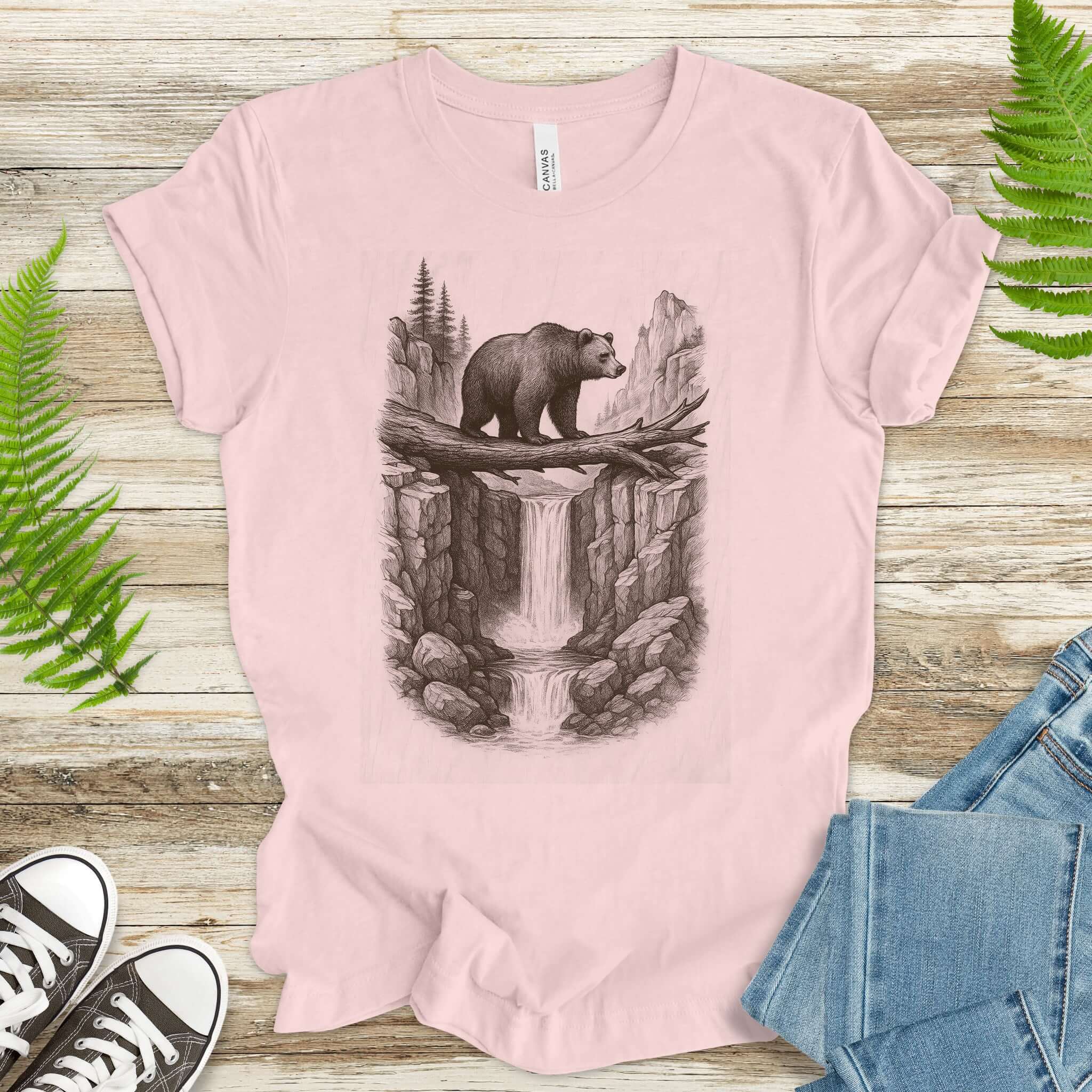 Bear Crossing Waterfall T-Shirt – Vintage Wilderness Sketch Tee