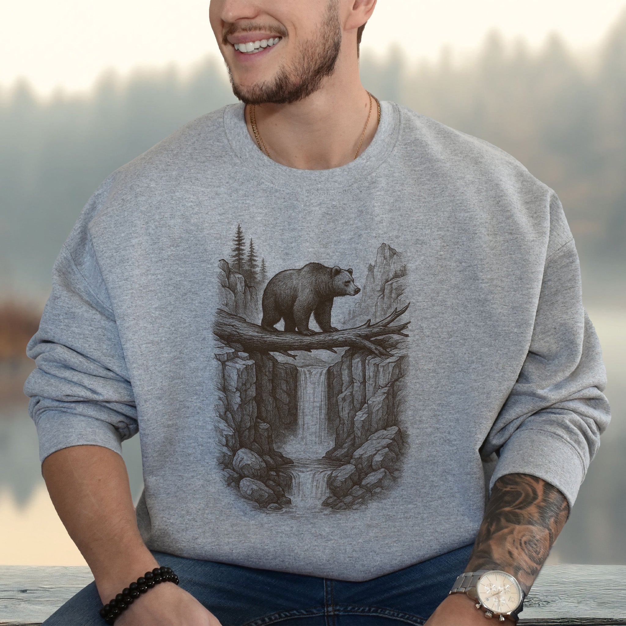 Bear Crossing Waterfall Sweatshirt – Vintage Wilderness Sketch Gift