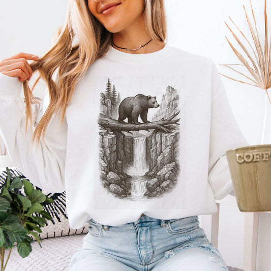 Bear Crossing Waterfall Sweatshirt – Vintage Wilderness Sketch Gift
