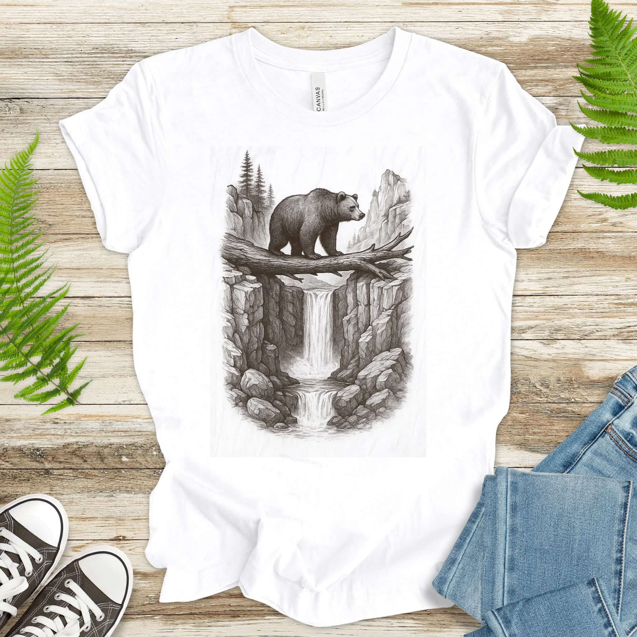 Bear Crossing Waterfall T-Shirt – Vintage Wilderness Sketch Tee
