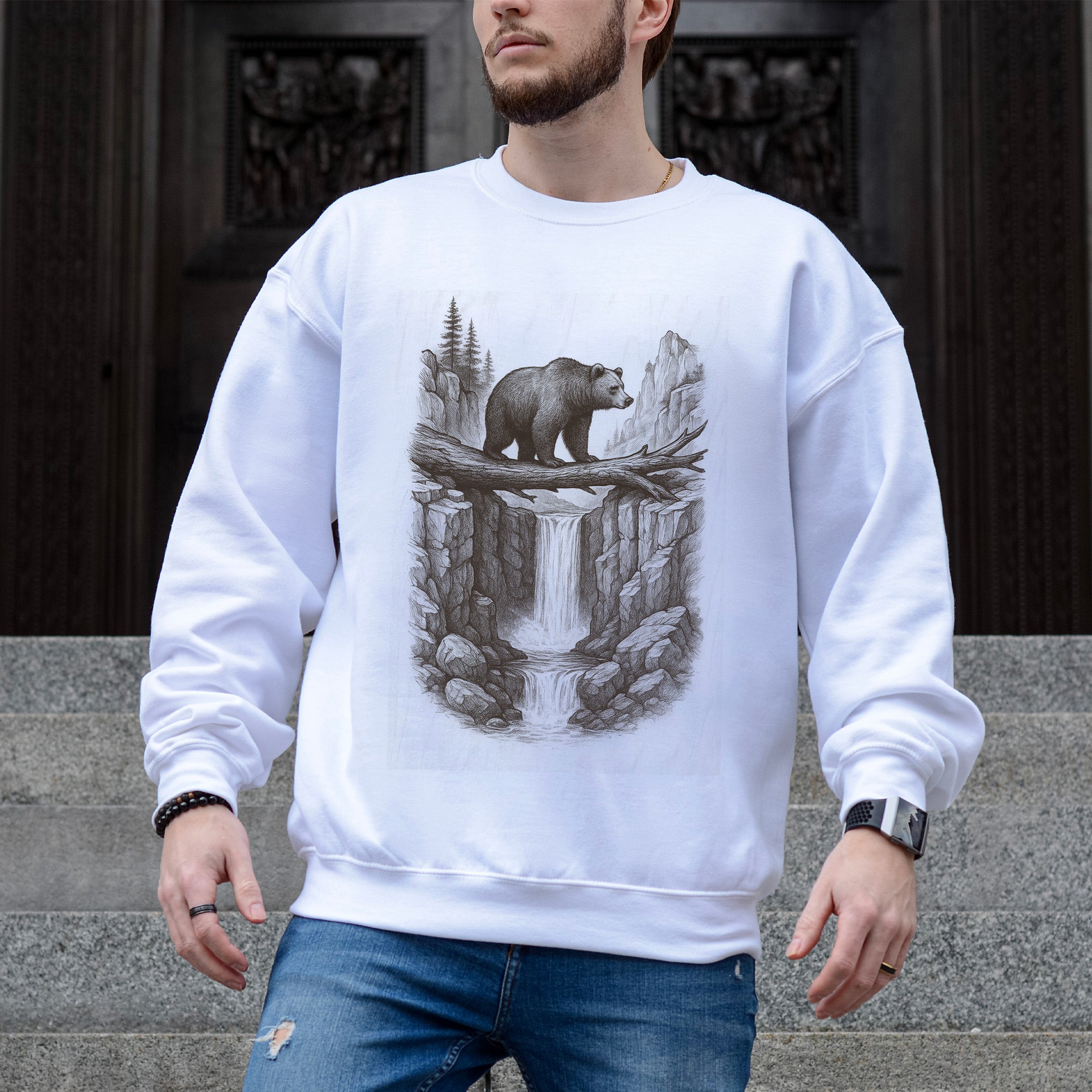 Bear Crossing Waterfall Sweatshirt – Vintage Wilderness Sketch Gift