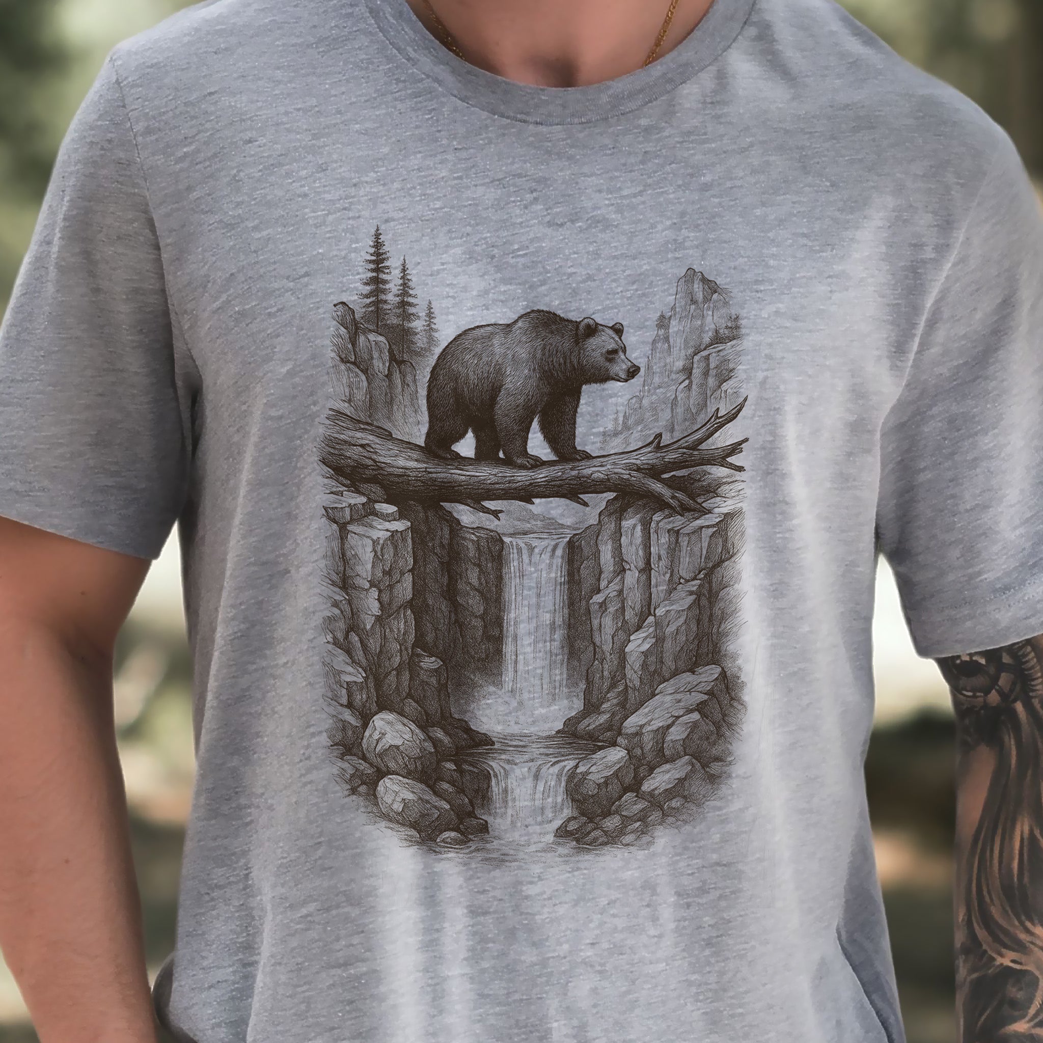 Bear Crossing Waterfall T-Shirt – Vintage Wilderness Sketch Tee