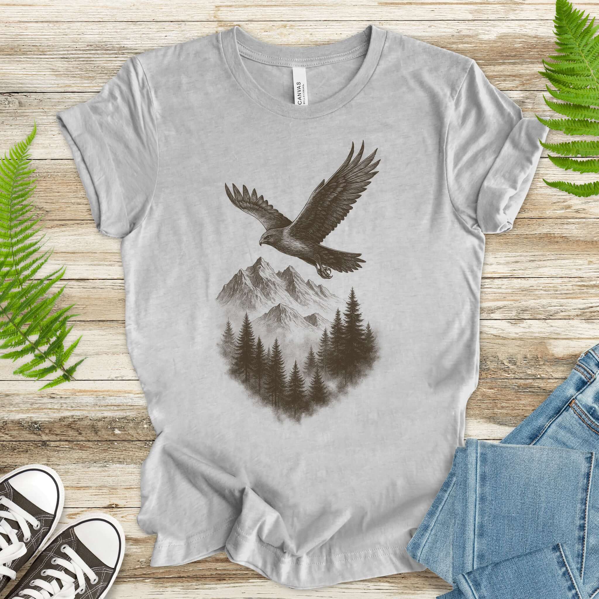 Eagle Over Mountains T-Shirt – Vintage Wilderness Spirit Animal Sketch