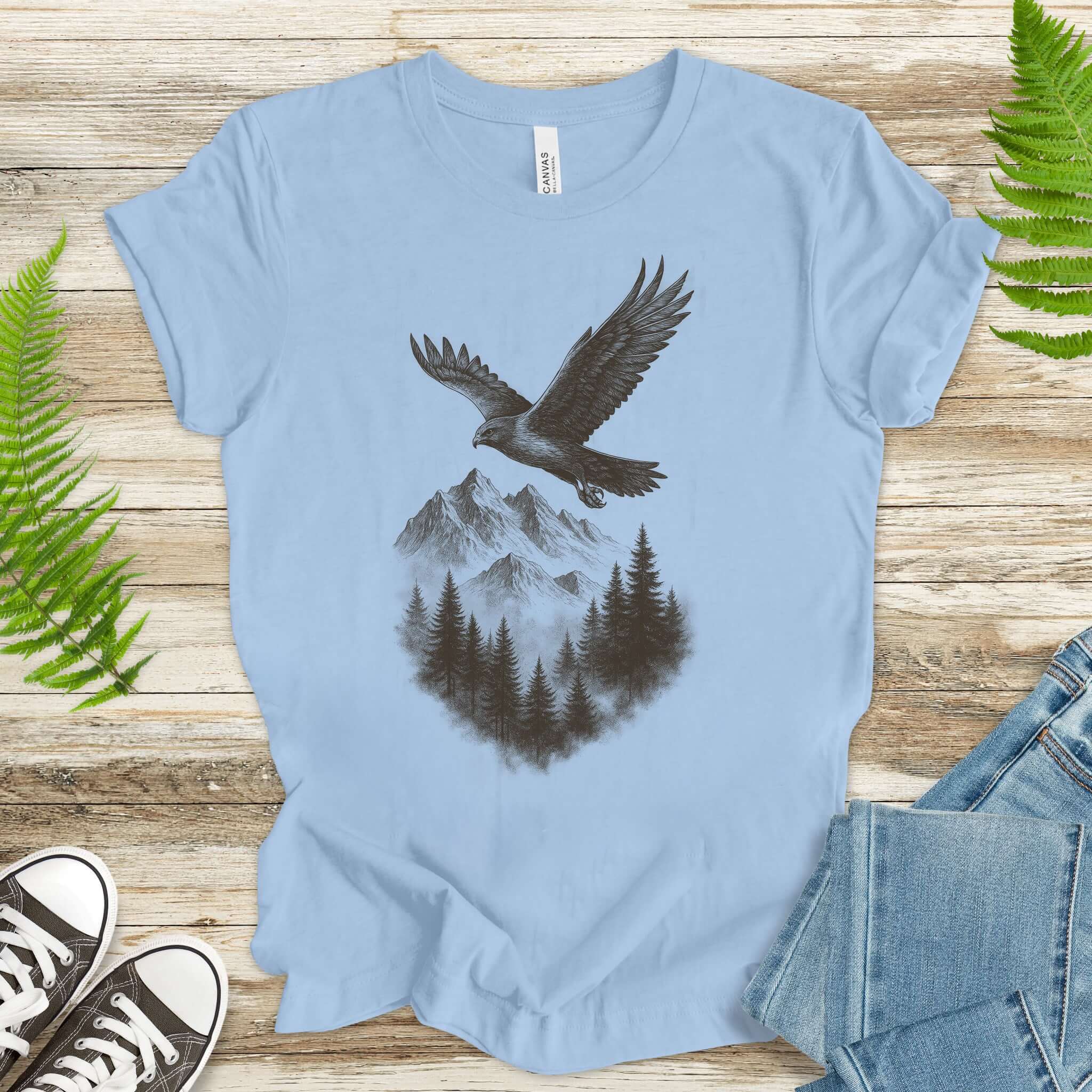 Eagle Over Mountains T-Shirt – Vintage Wilderness Spirit Animal Sketch