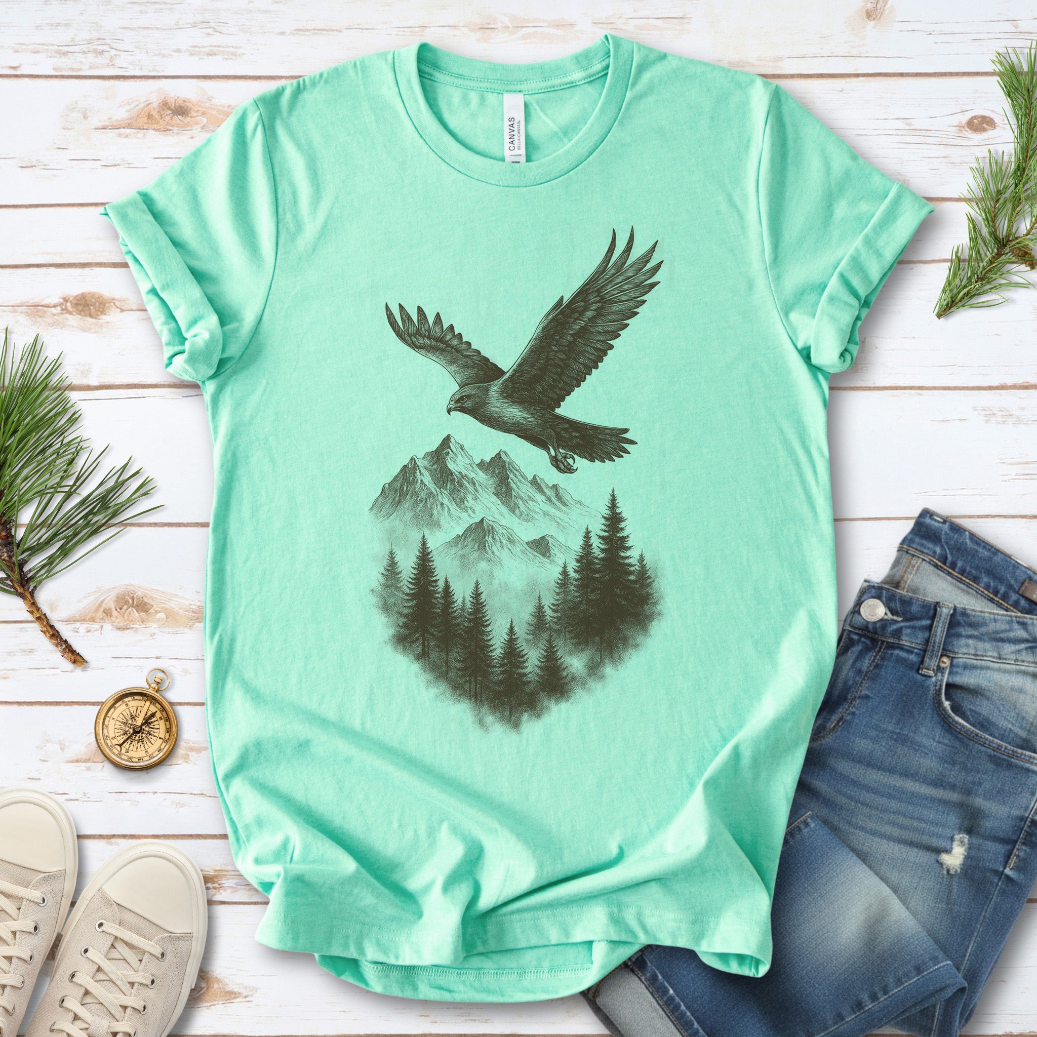 Eagle Over Mountains T-Shirt – Vintage Wilderness Spirit Animal Sketch