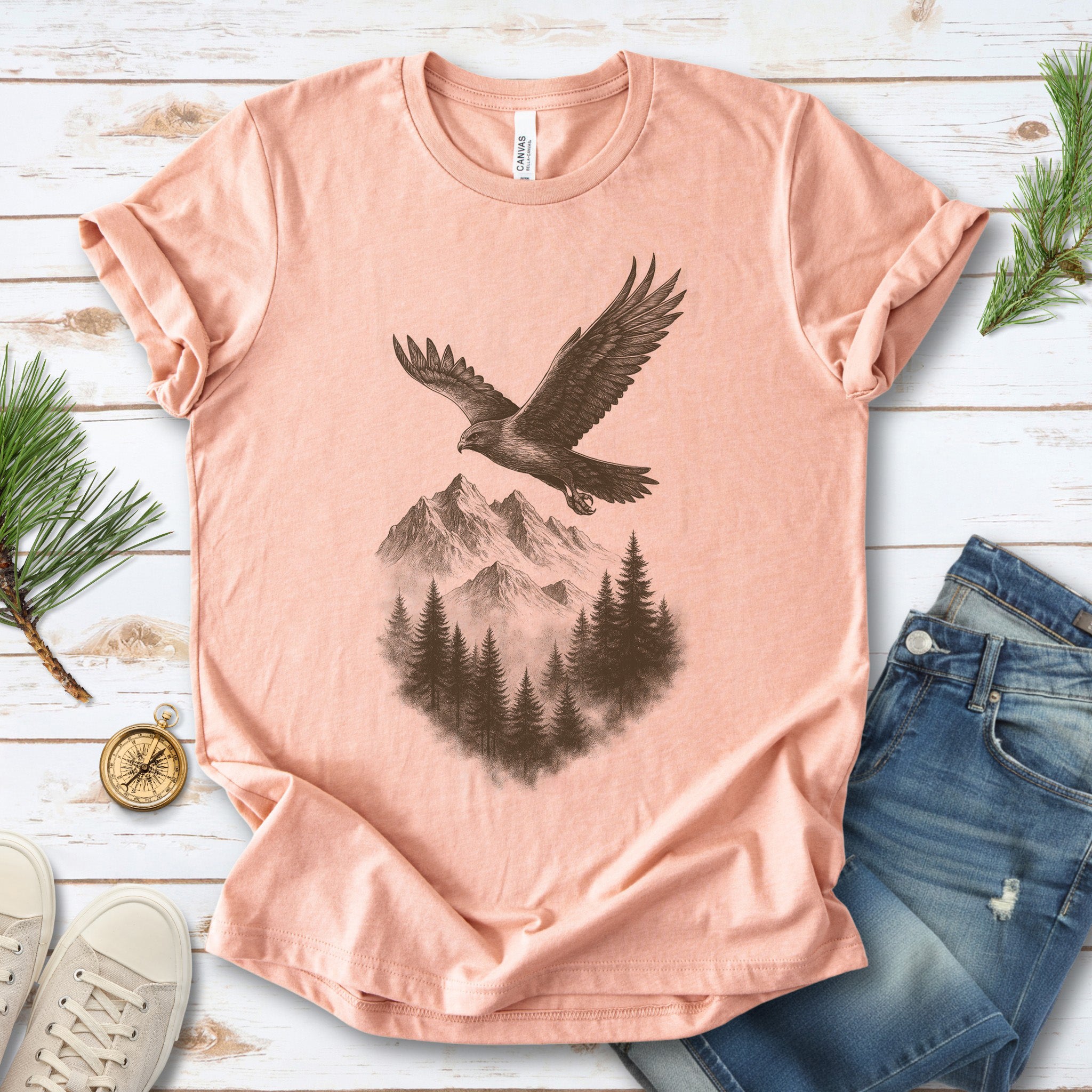 Eagle Over Mountains T-Shirt – Vintage Wilderness Spirit Animal Sketch