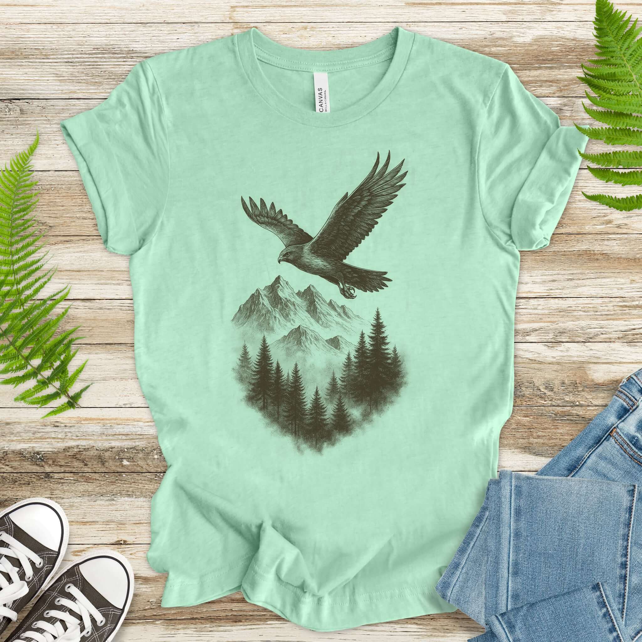 Eagle Over Mountains T-Shirt – Vintage Wilderness Spirit Animal Sketch