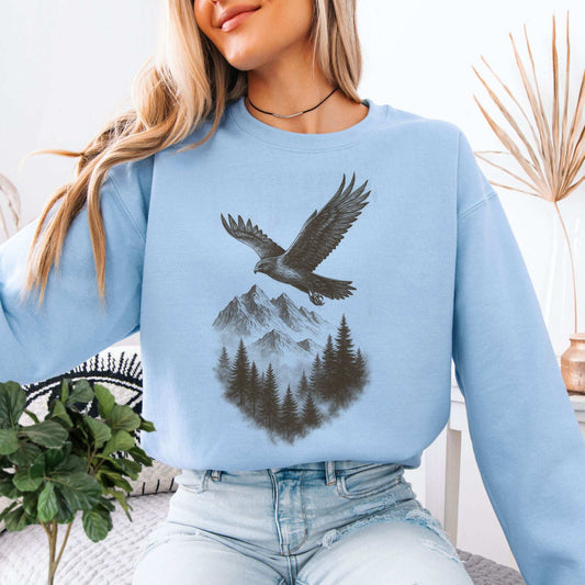 Eagle Over Mountains Sweatshirt – Vintage Wilderness Spirit Animal Sketch