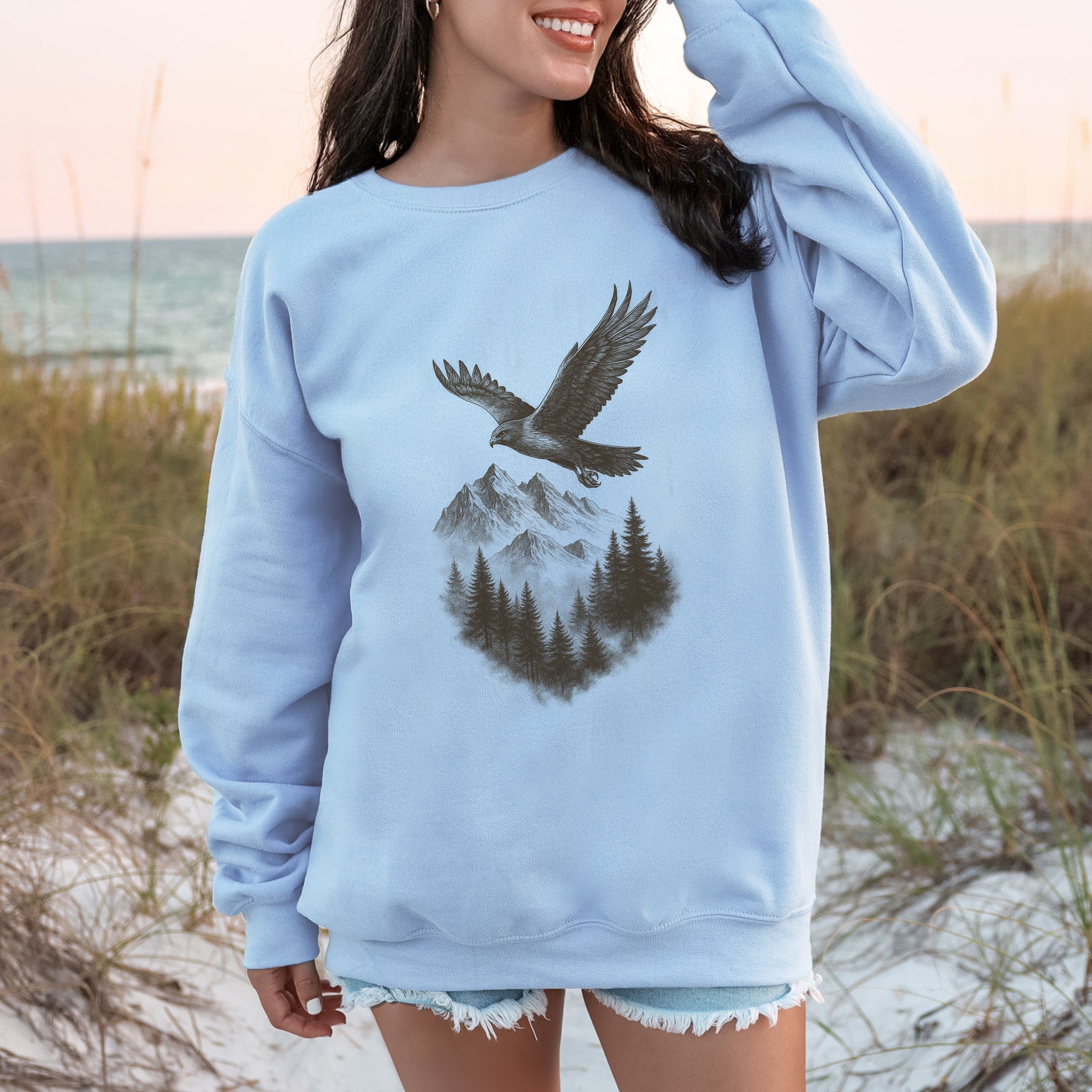 Eagle Over Mountains Sweatshirt – Vintage Wilderness Spirit Animal Sketch