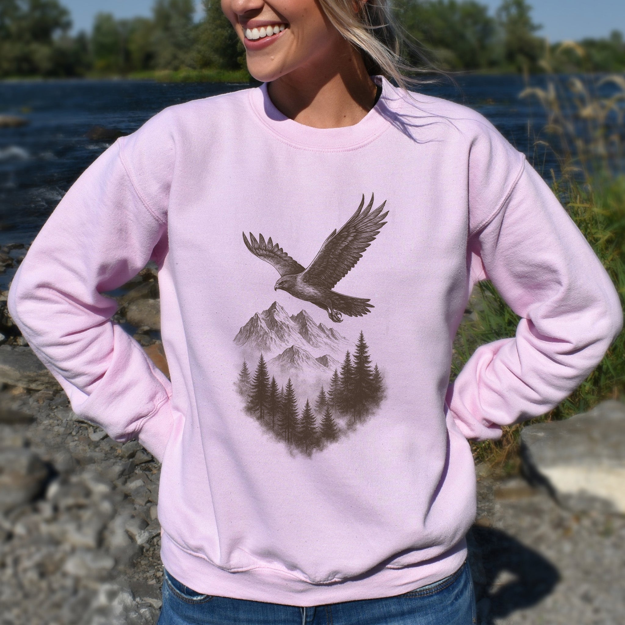 Eagle Over Mountains Sweatshirt – Vintage Wilderness Spirit Animal Sketch