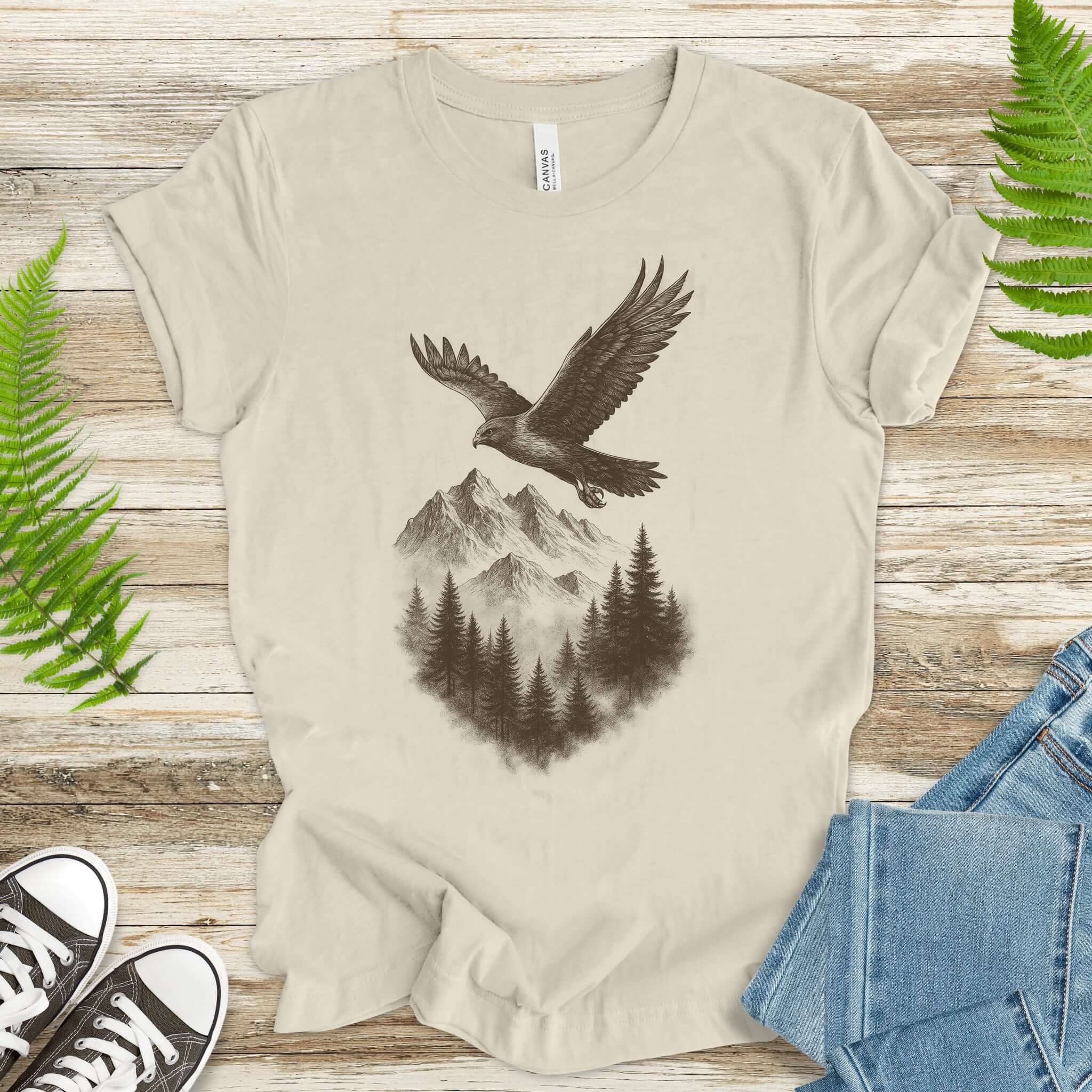 Eagle Over Mountains T-Shirt – Vintage Wilderness Spirit Animal Sketch