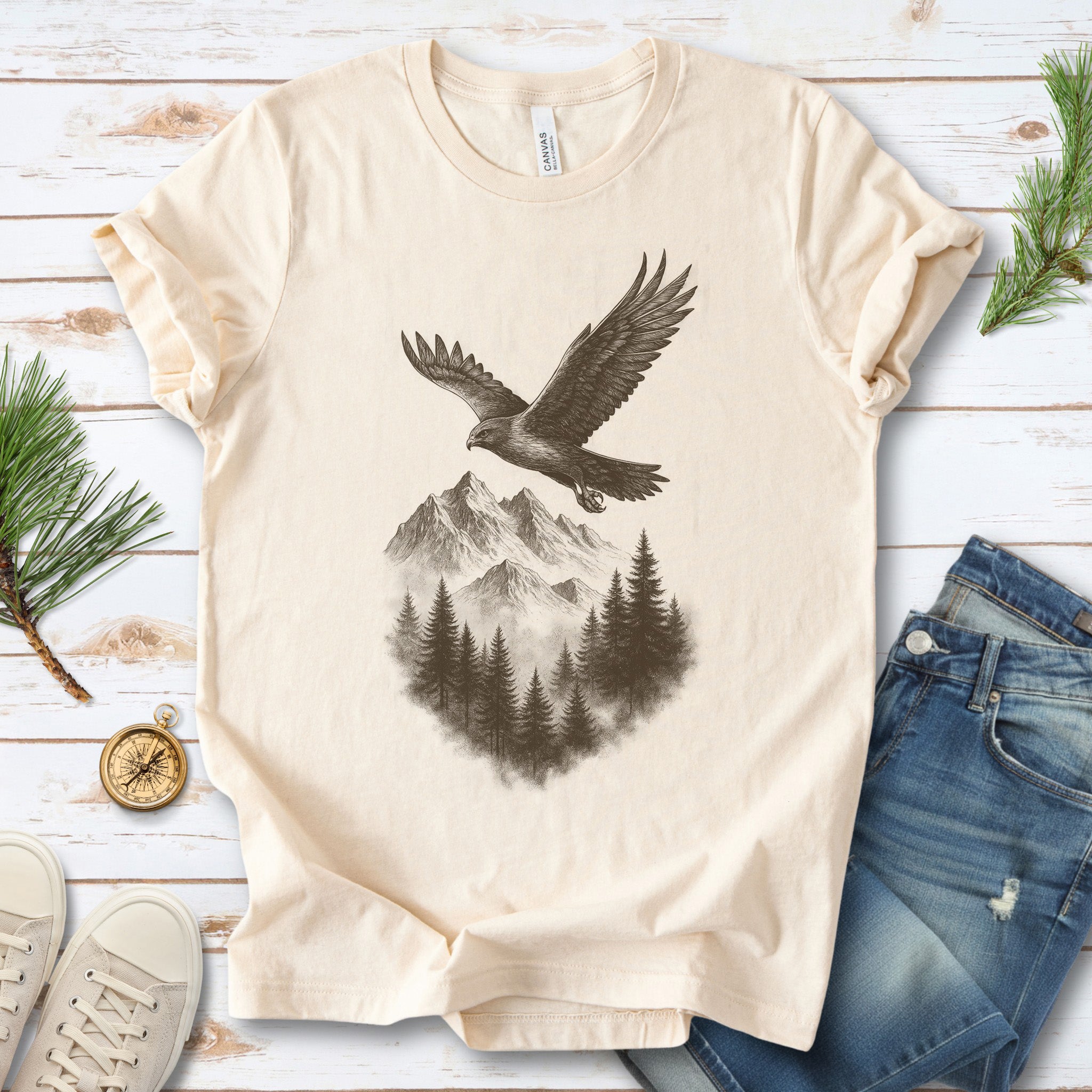 Eagle Over Mountains T-Shirt – Vintage Wilderness Spirit Animal Sketch