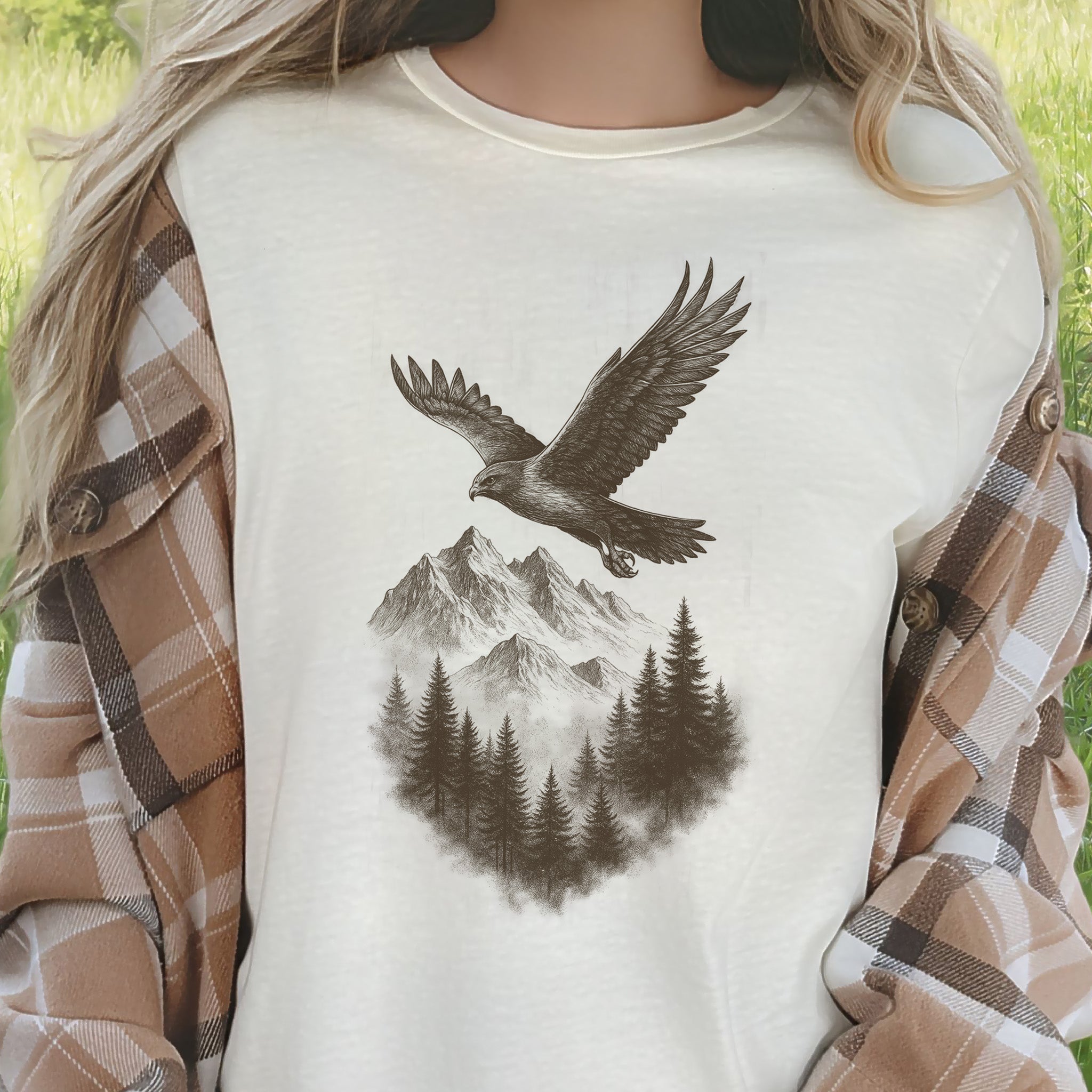 Eagle Over Mountains T-Shirt – Vintage Wilderness Spirit Animal Sketch