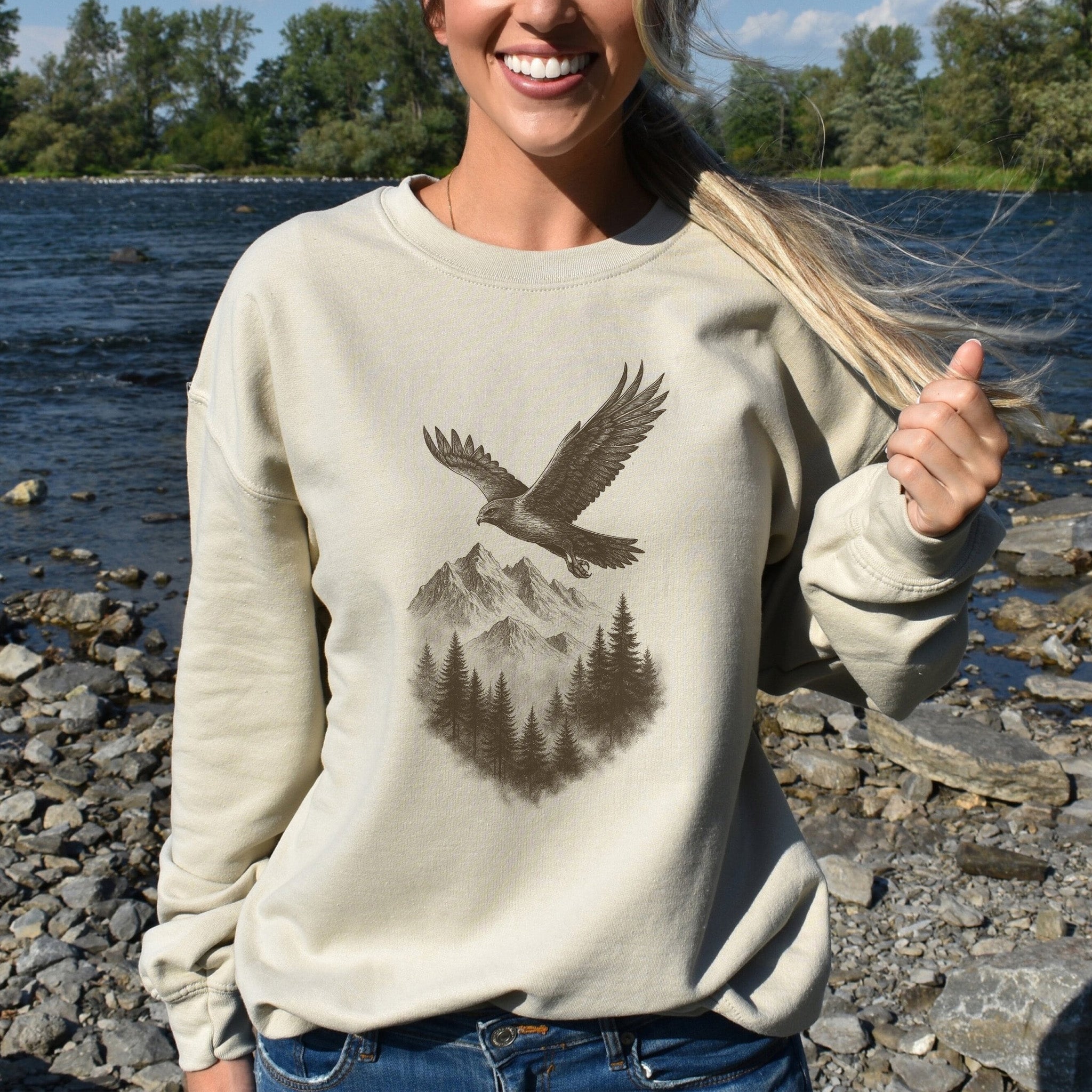Eagle Over Mountains Sweatshirt – Vintage Wilderness Spirit Animal Sketch