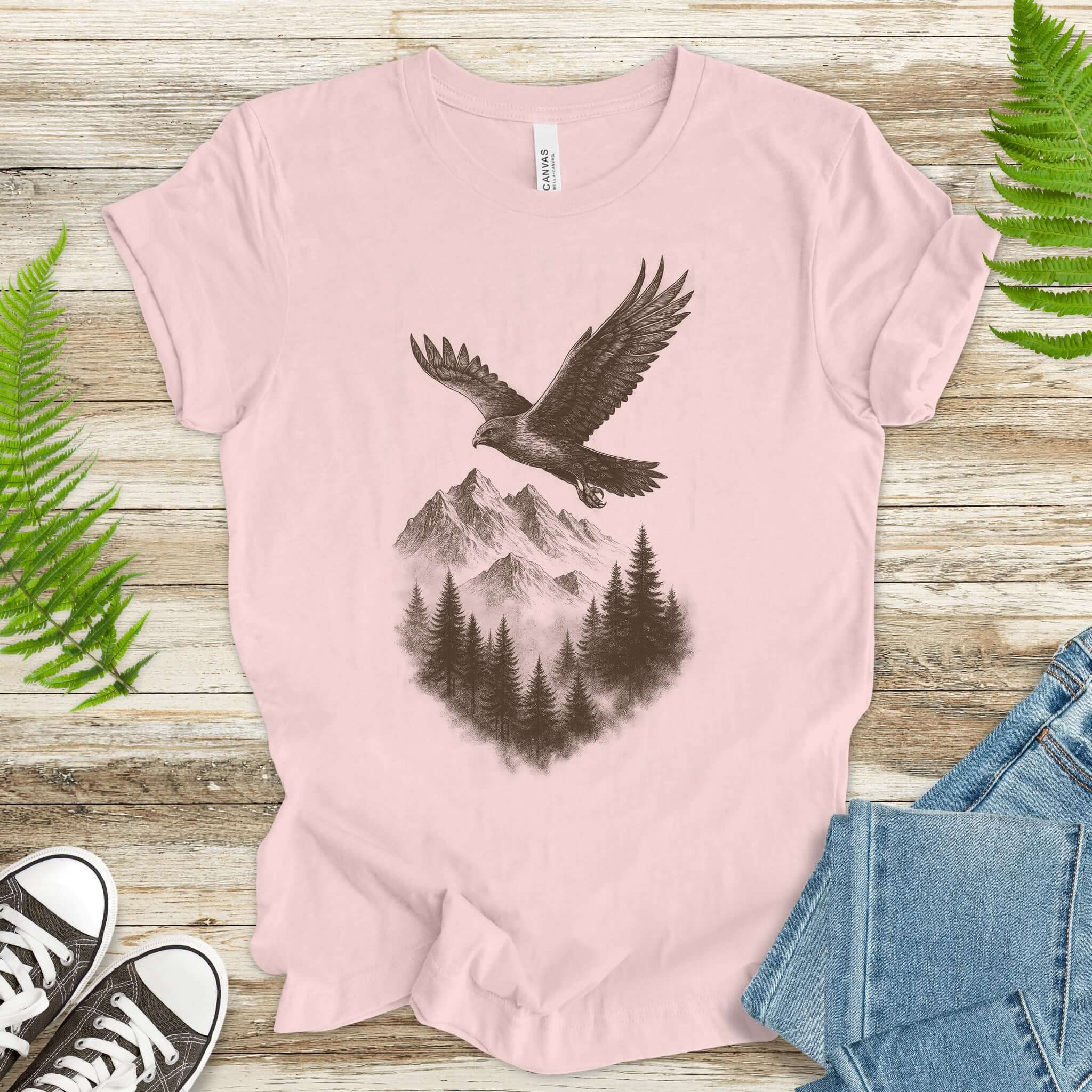 Eagle Over Mountains T-Shirt – Vintage Wilderness Spirit Animal Sketch