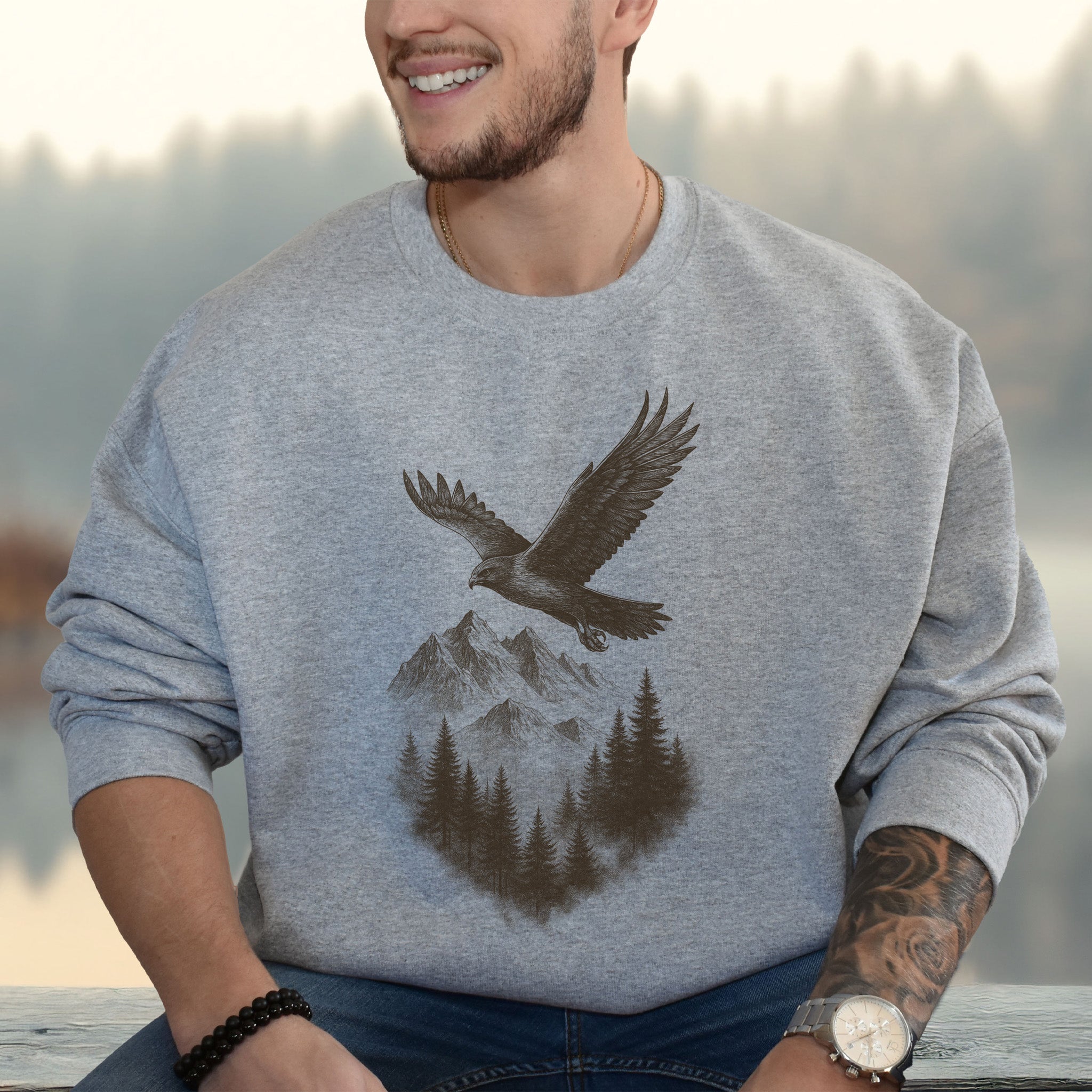 Eagle Over Mountains Sweatshirt – Vintage Wilderness Spirit Animal Sketch
