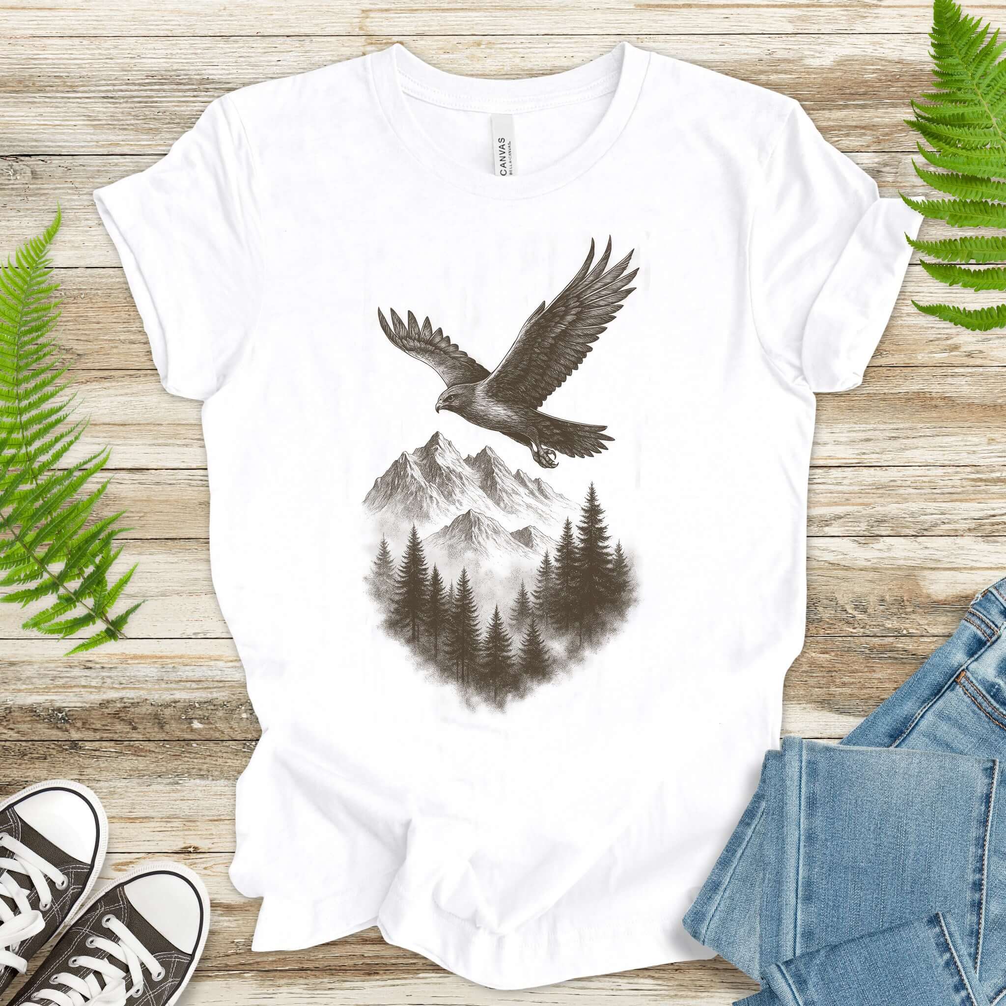 Eagle Over Mountains T-Shirt – Vintage Wilderness Spirit Animal Sketch