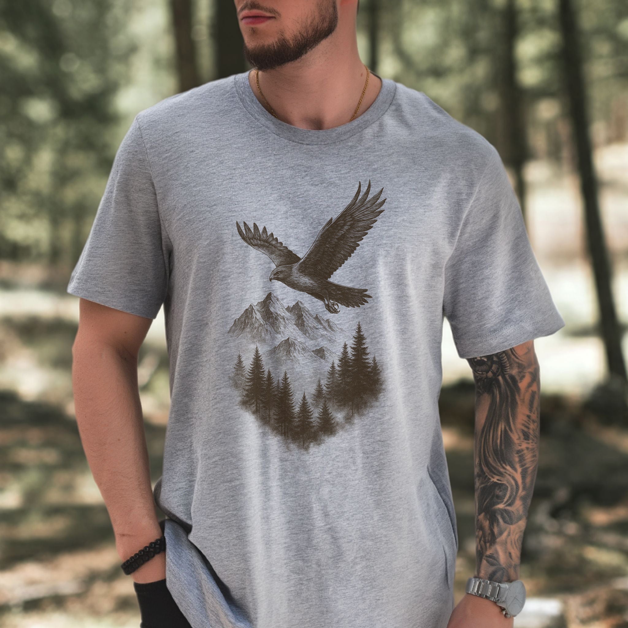 Eagle Over Mountains T-Shirt – Vintage Wilderness Spirit Animal Sketch