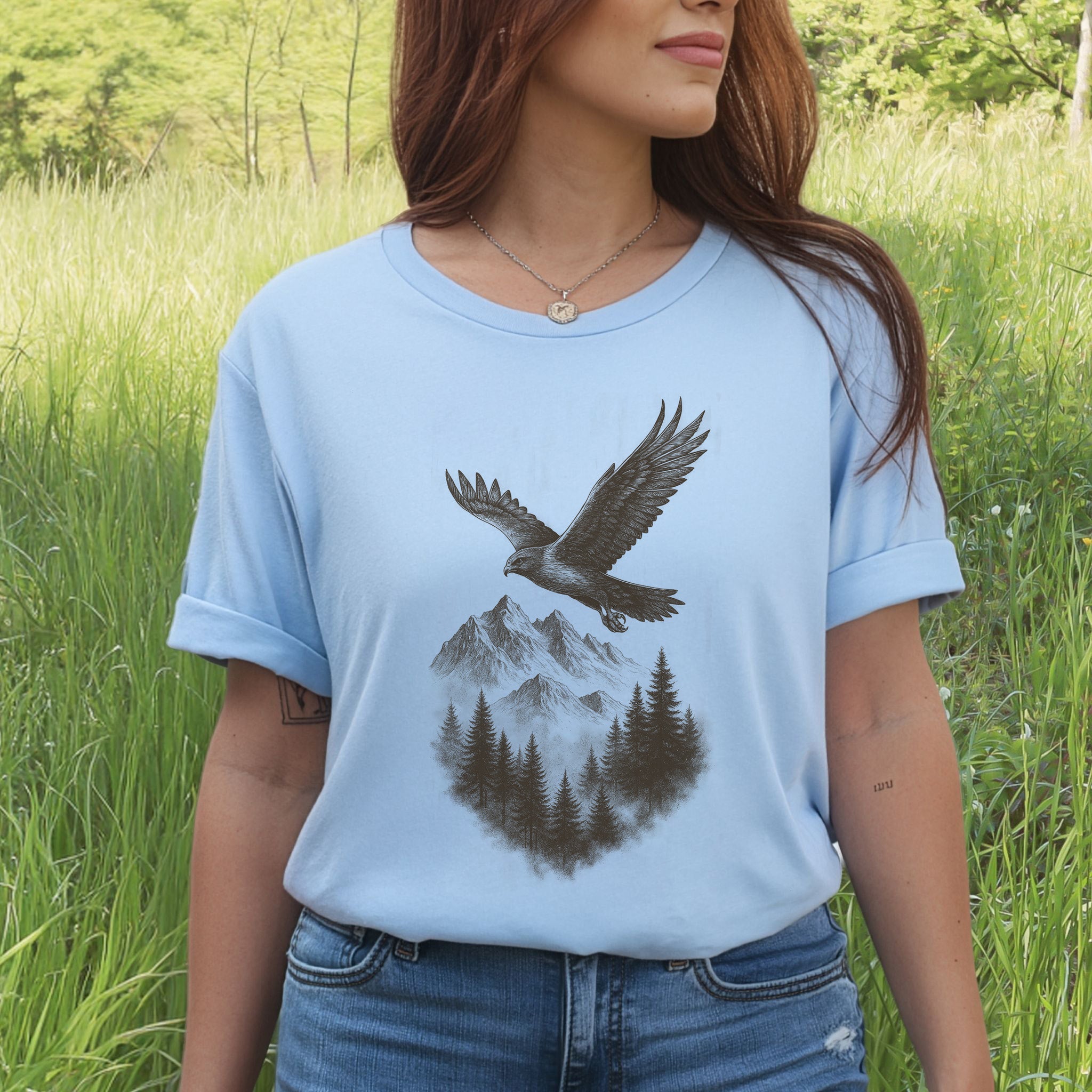 Eagle Over Mountains T-Shirt – Vintage Wilderness Spirit Animal Sketch