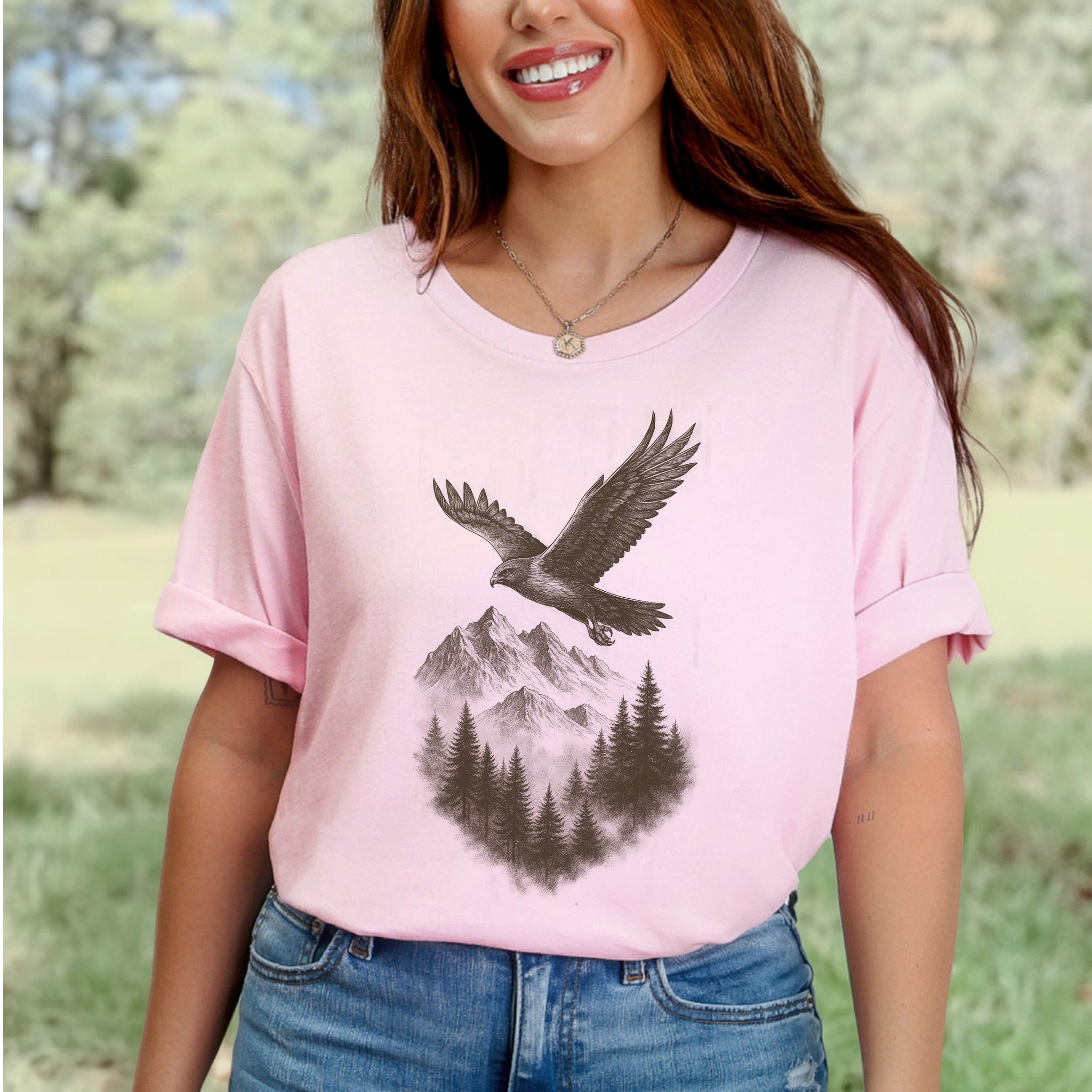 Eagle Over Mountains T-Shirt – Vintage Wilderness Spirit Animal Sketch