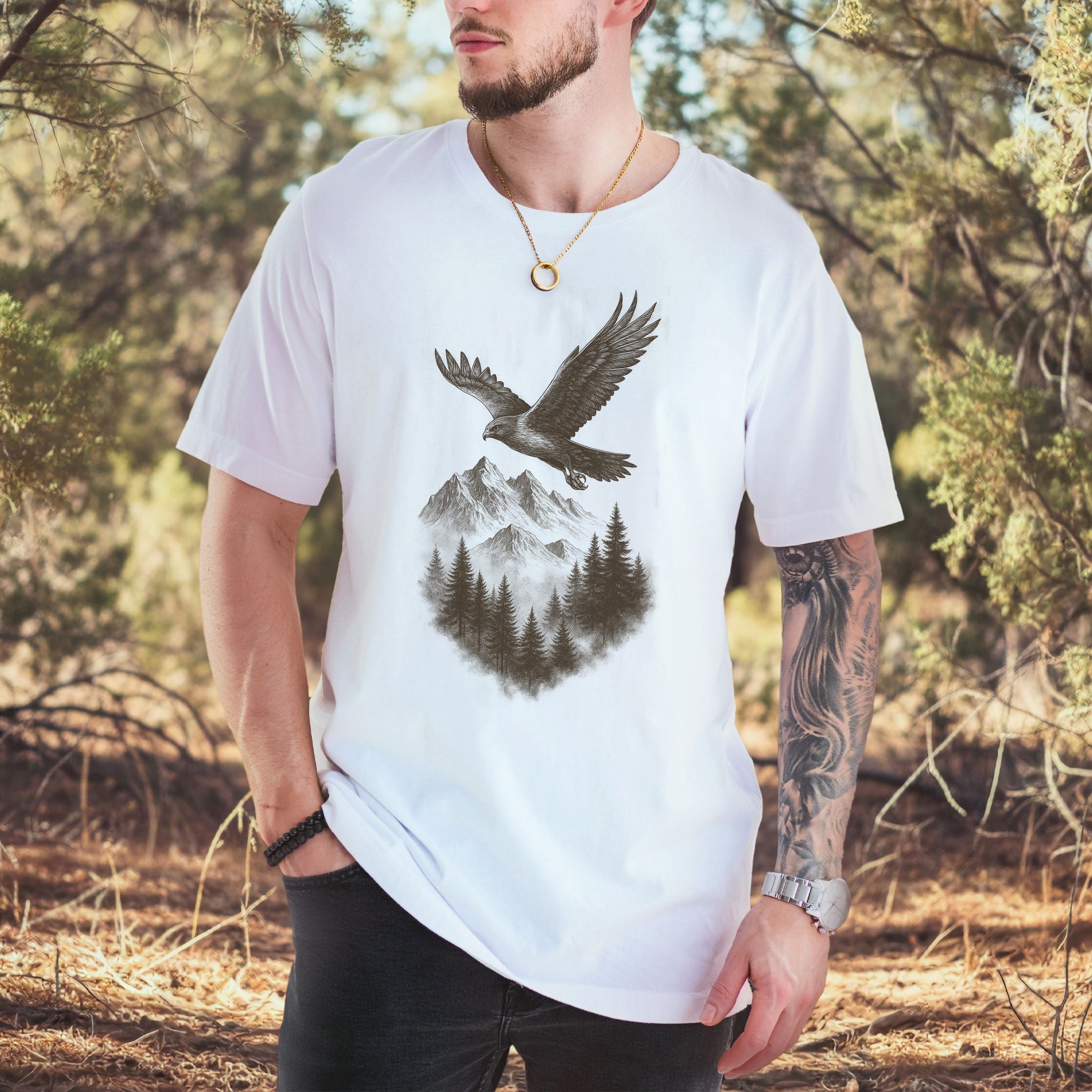 Eagle Over Mountains T-Shirt – Vintage Wilderness Spirit Animal Sketch