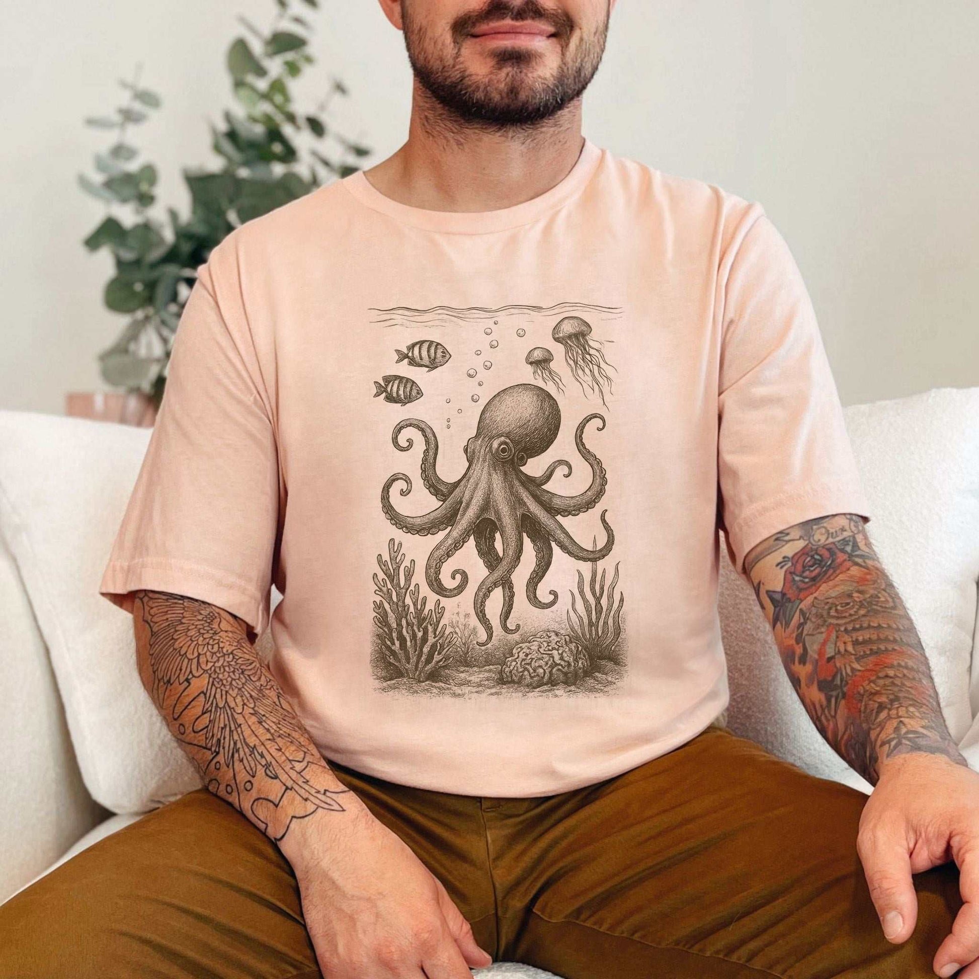 Octopus & Coral Reef Sketch T-Shirt – Artistic Ocean Life Tee