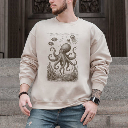 Octopus & Coral Reef Sweatshirt featuring an intricately sketched octopus and marine life, perfect for sea lovers.