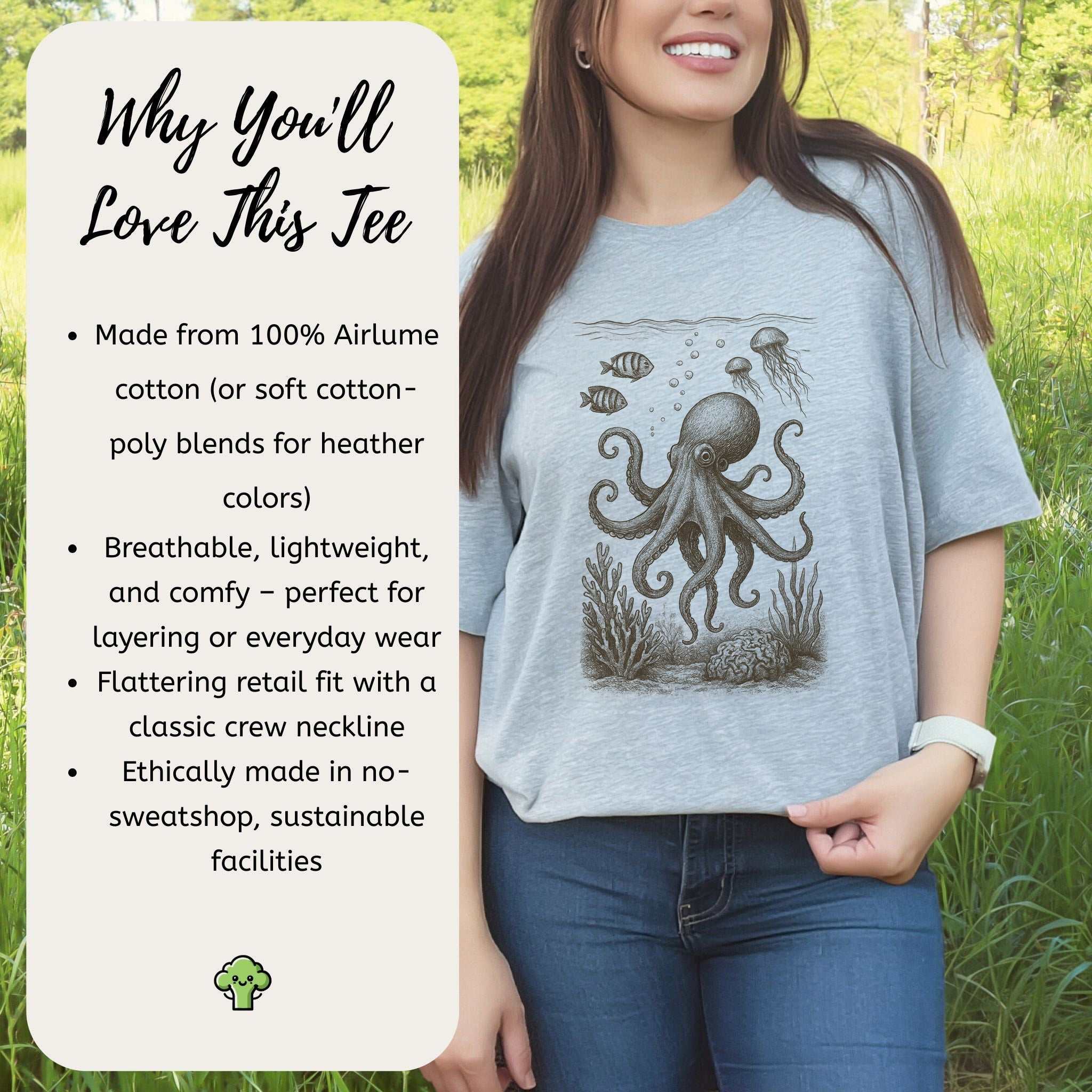 Octopus & Coral Reef Sketch T-Shirt – Artistic Ocean Life Tee