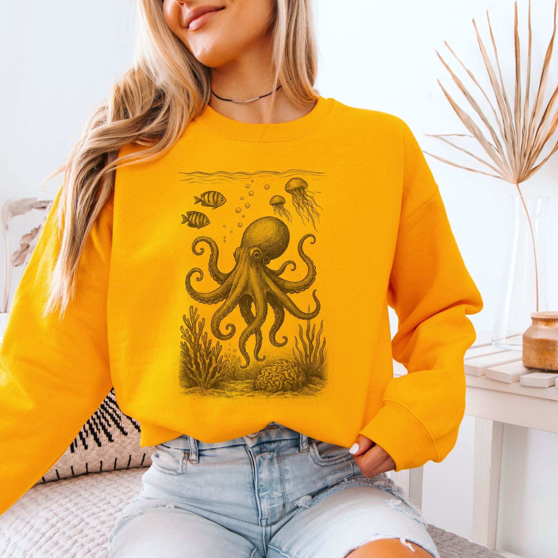 Octopus & Coral Reef Sweatshirt in yellow, featuring intricate octopus design for sea lovers and ocean enthusiasts.