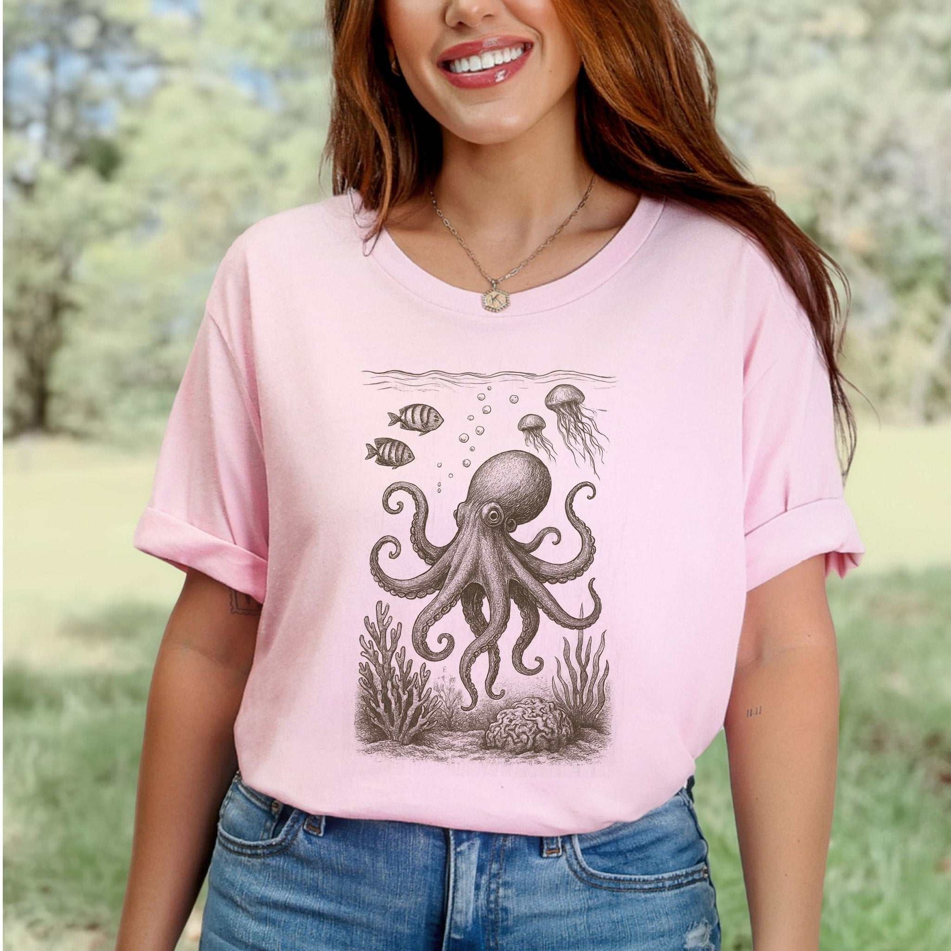 Octopus & Coral Reef Sketch T-Shirt – Artistic Ocean Life Tee