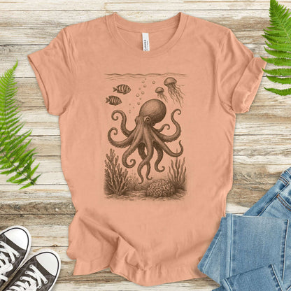 Octopus & Coral Reef Sketch T-Shirt – Artistic Ocean Life Tee