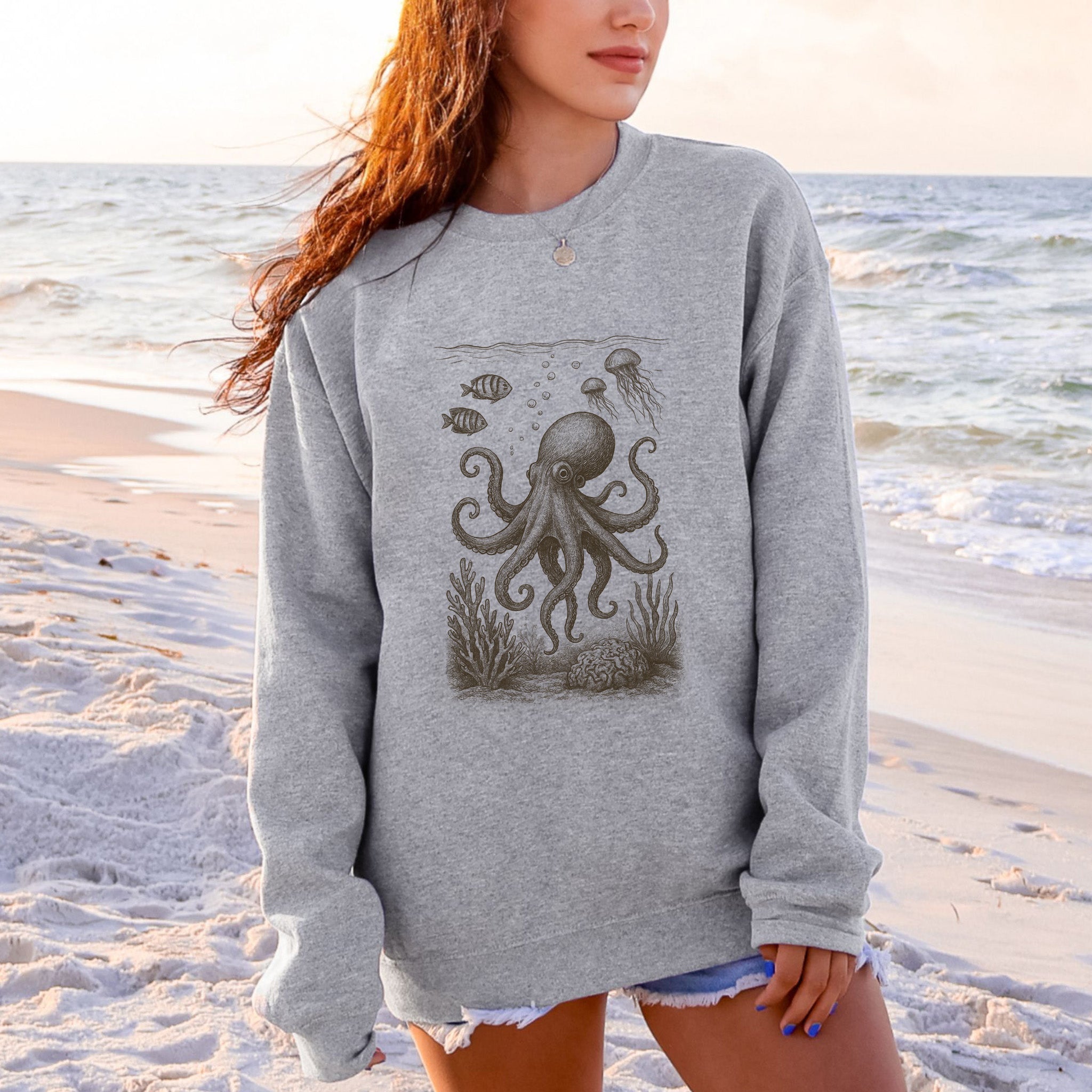 Octopus & Coral Reef Sweatshirt – Artistic Ocean Life Gift for Sea Lovers