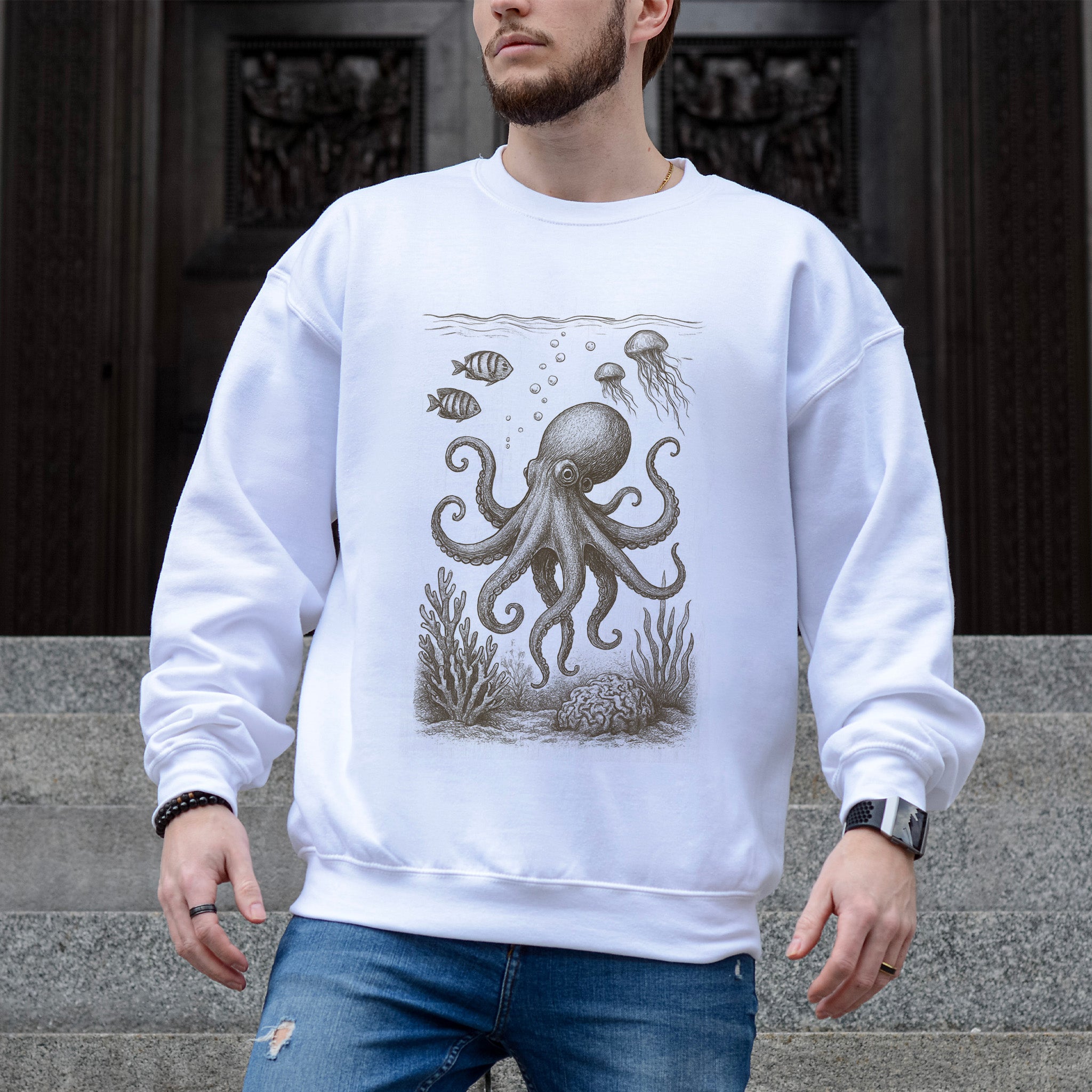 Octopus & Coral Reef Sweatshirt – Artistic Ocean Life Gift for Sea Lovers