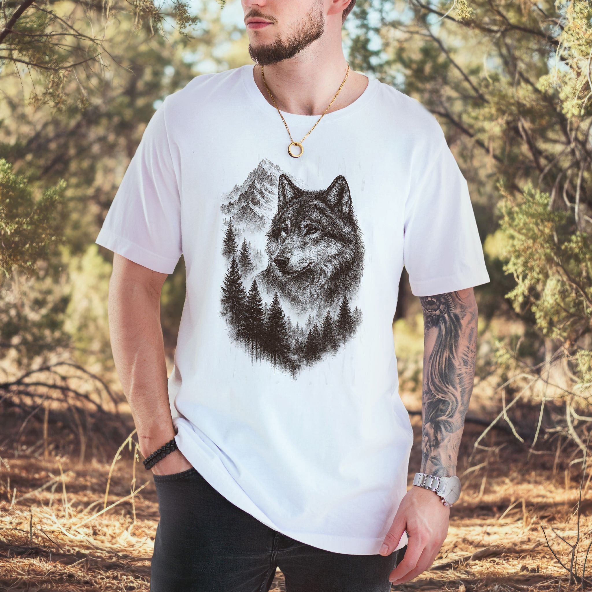 Wolf Mountain Forest T-Shirt – Vintage Alpha Nature Adventure Tee