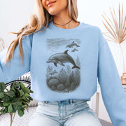 Dolphins and Coral Reef Sketch on Ocean Spirit Animal Sweatshirt, ideal for ocean lovers and cozy wear.